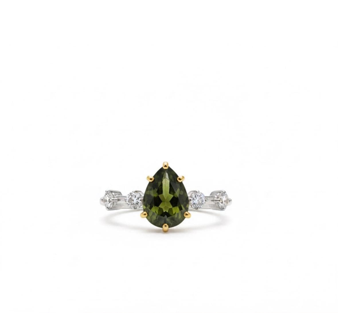 Natural Moldavite Diamond Engagement Ring, 3 CT Pear Cut Green Gemstone Ring, 14K White Gold