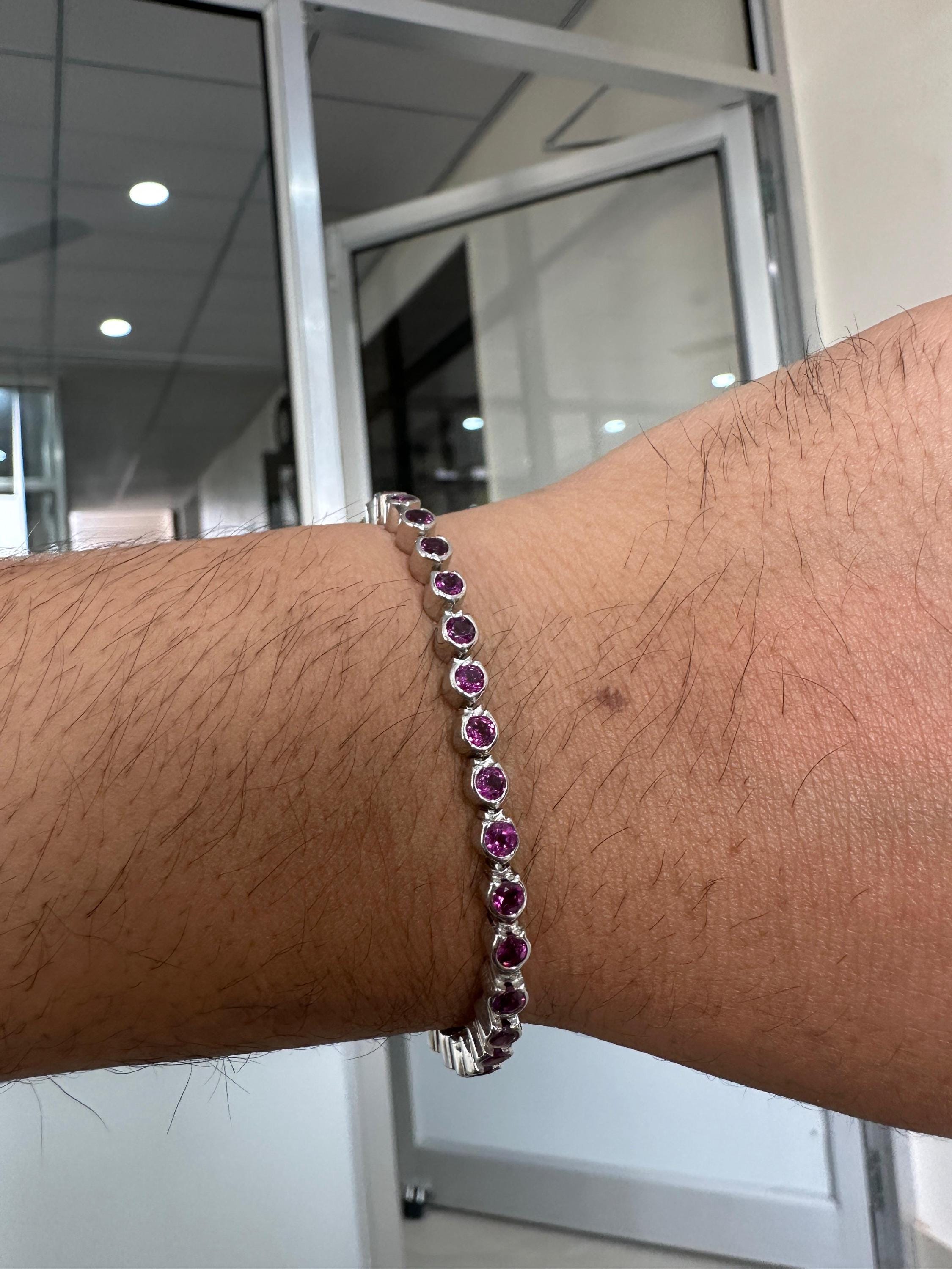 Pink Rhodolite Bezel Set Tennis Bracelet | 925 Sterling Silver | Fine Jewelry Gift
