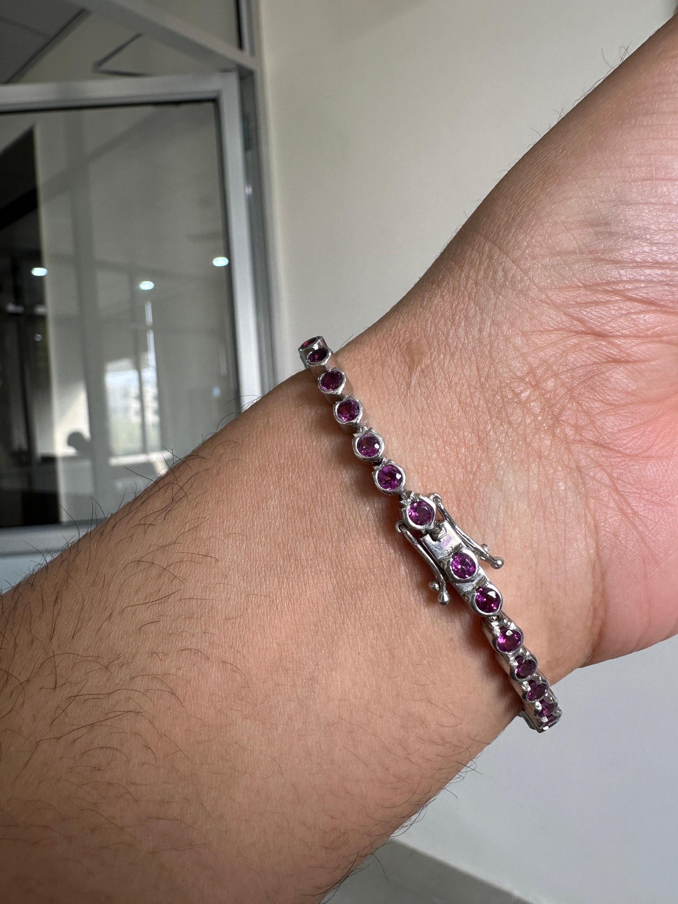 Pink Rhodolite Bezel Set Tennis Bracelet | 925 Sterling Silver | Fine Jewelry Gift