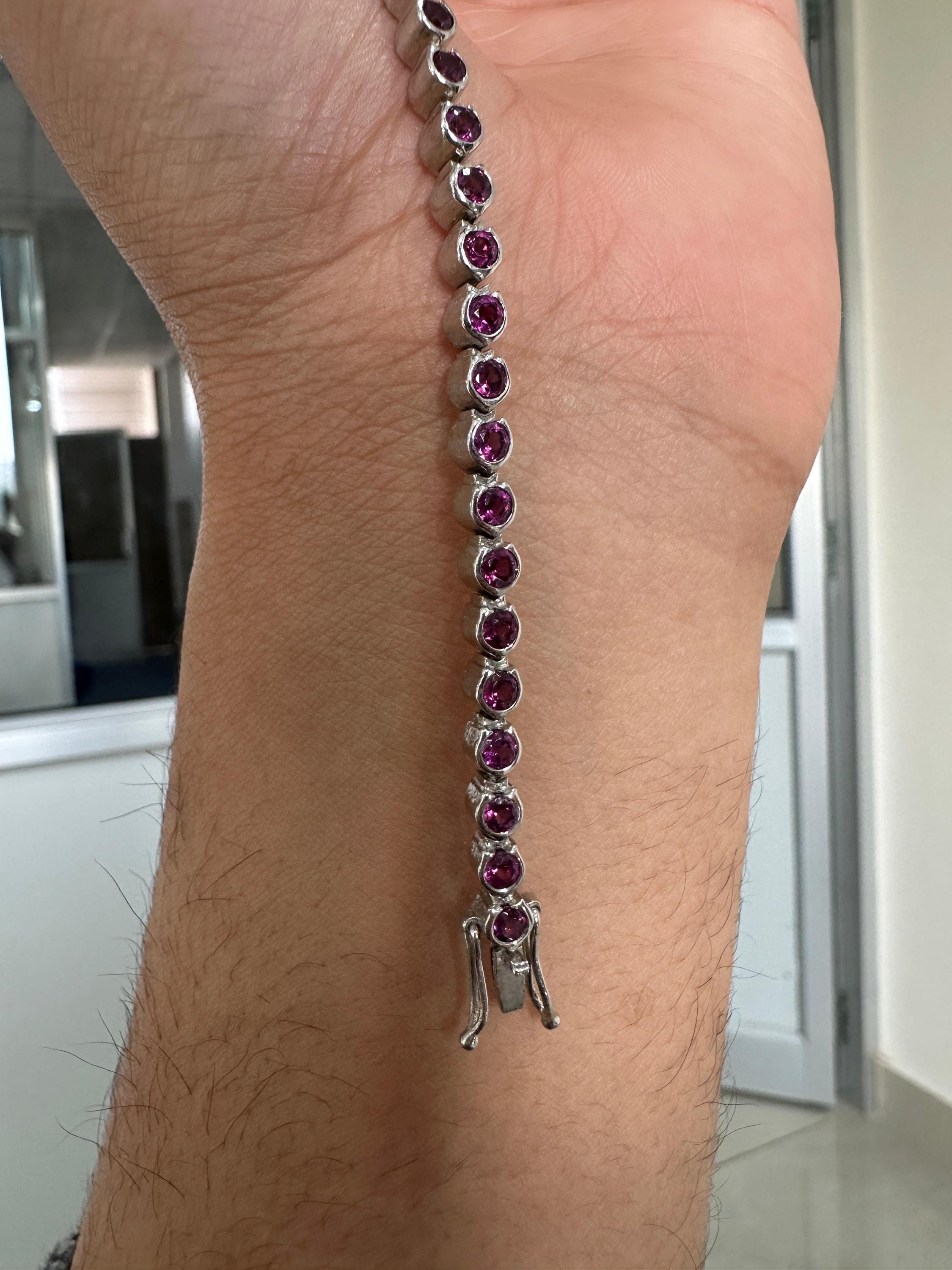 Pink Rhodolite Bezel Set Tennis Bracelet | 925 Sterling Silver | Fine Jewelry Gift