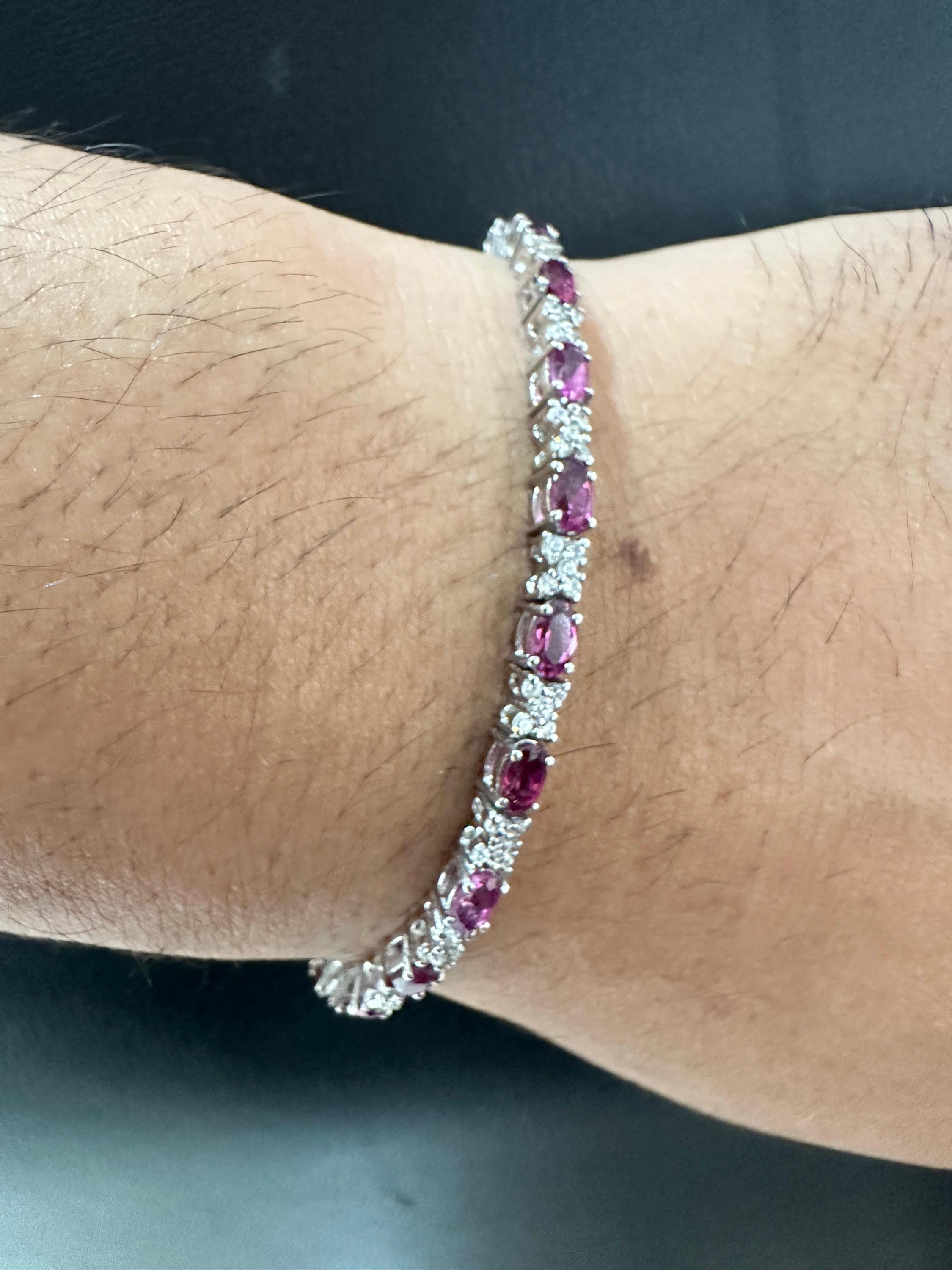 Rhodolite Garnet Tennis Bracelet | 925 Sterling Silver Diamond Accent Bridal Jewelry