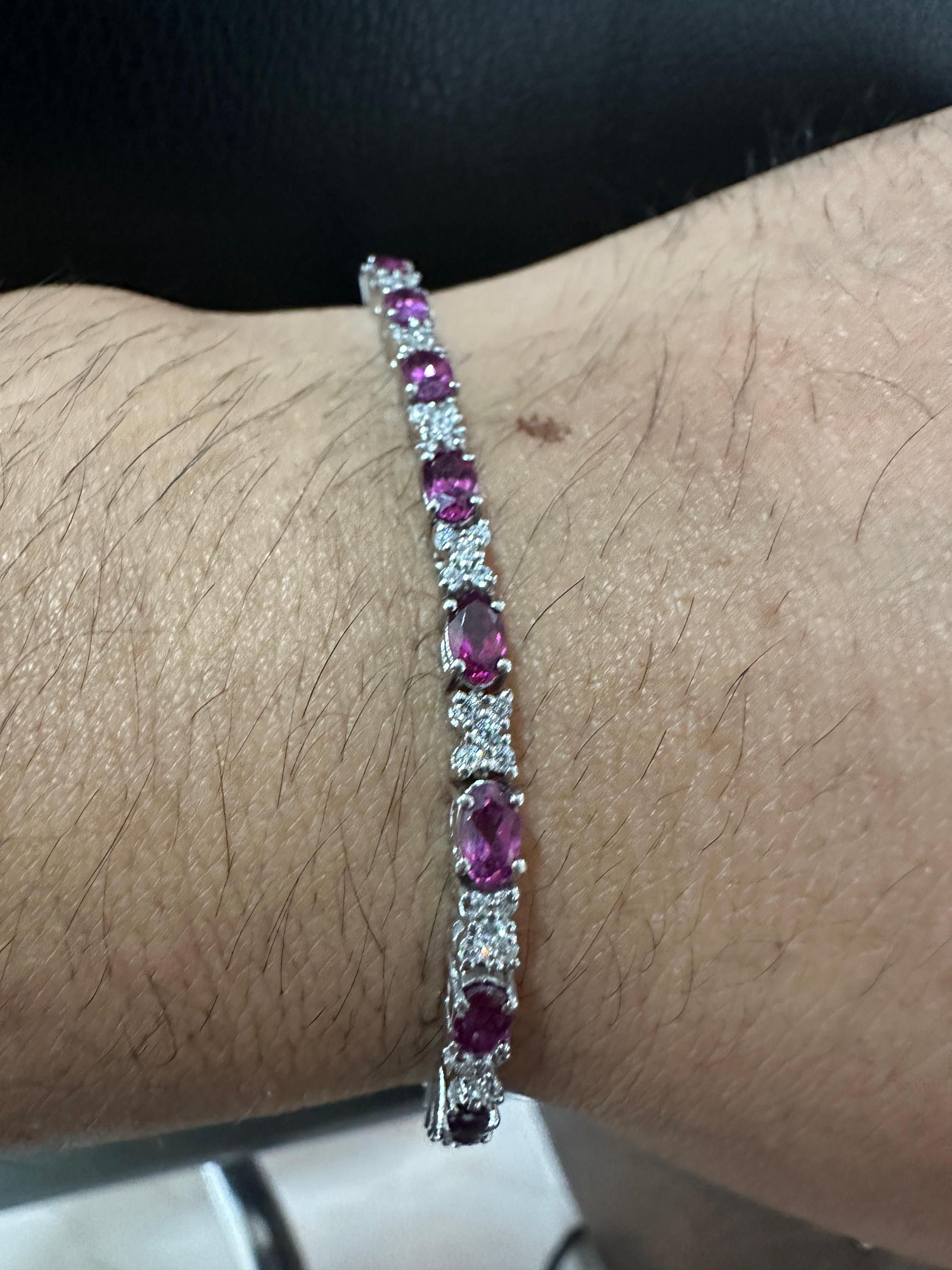 Rhodolite Garnet Tennis Bracelet | 925 Sterling Silver Diamond Accent Bridal Jewelry