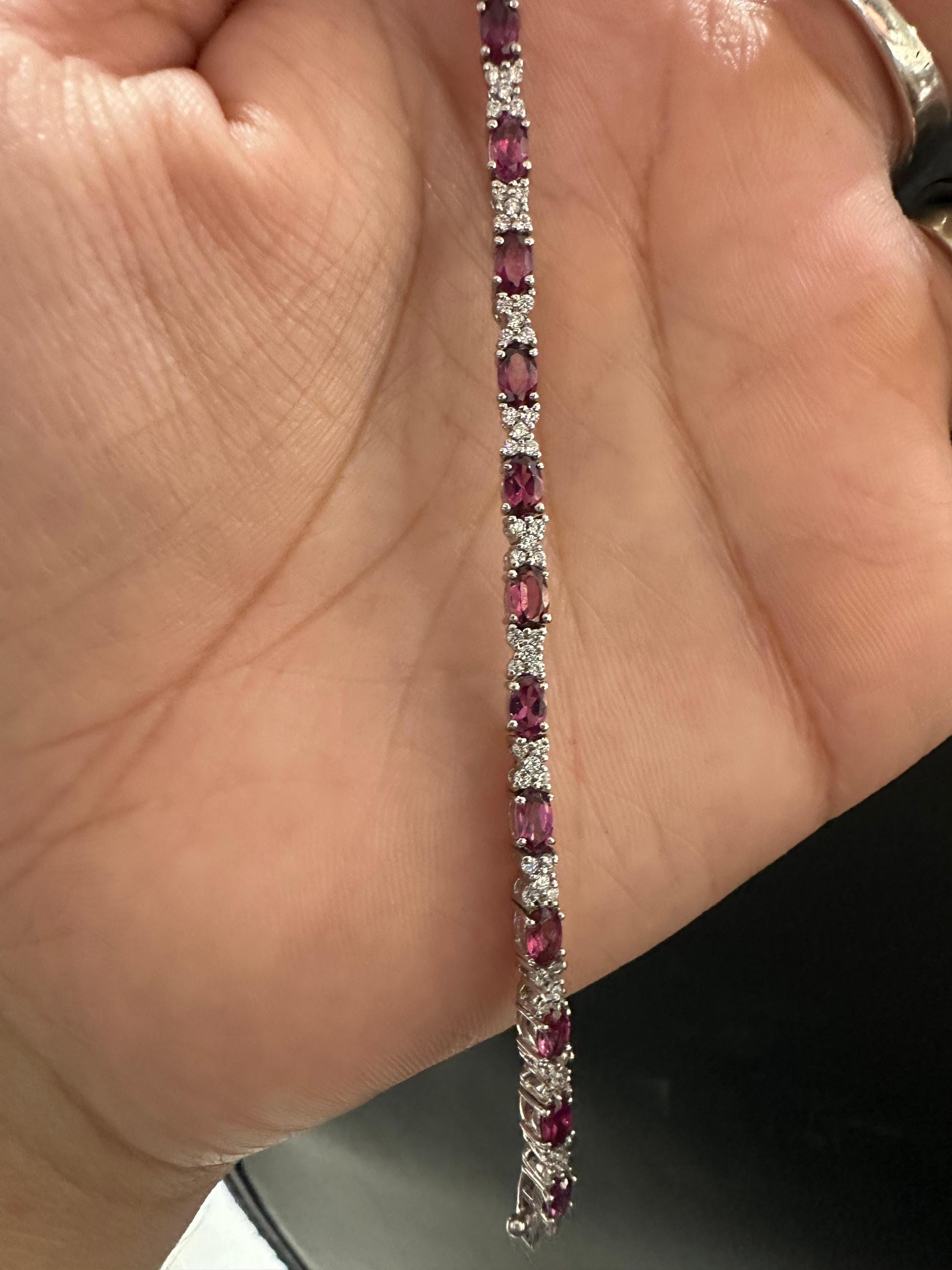 Rhodolite Garnet Tennis Bracelet | 925 Sterling Silver Diamond Accent Bridal Jewelry