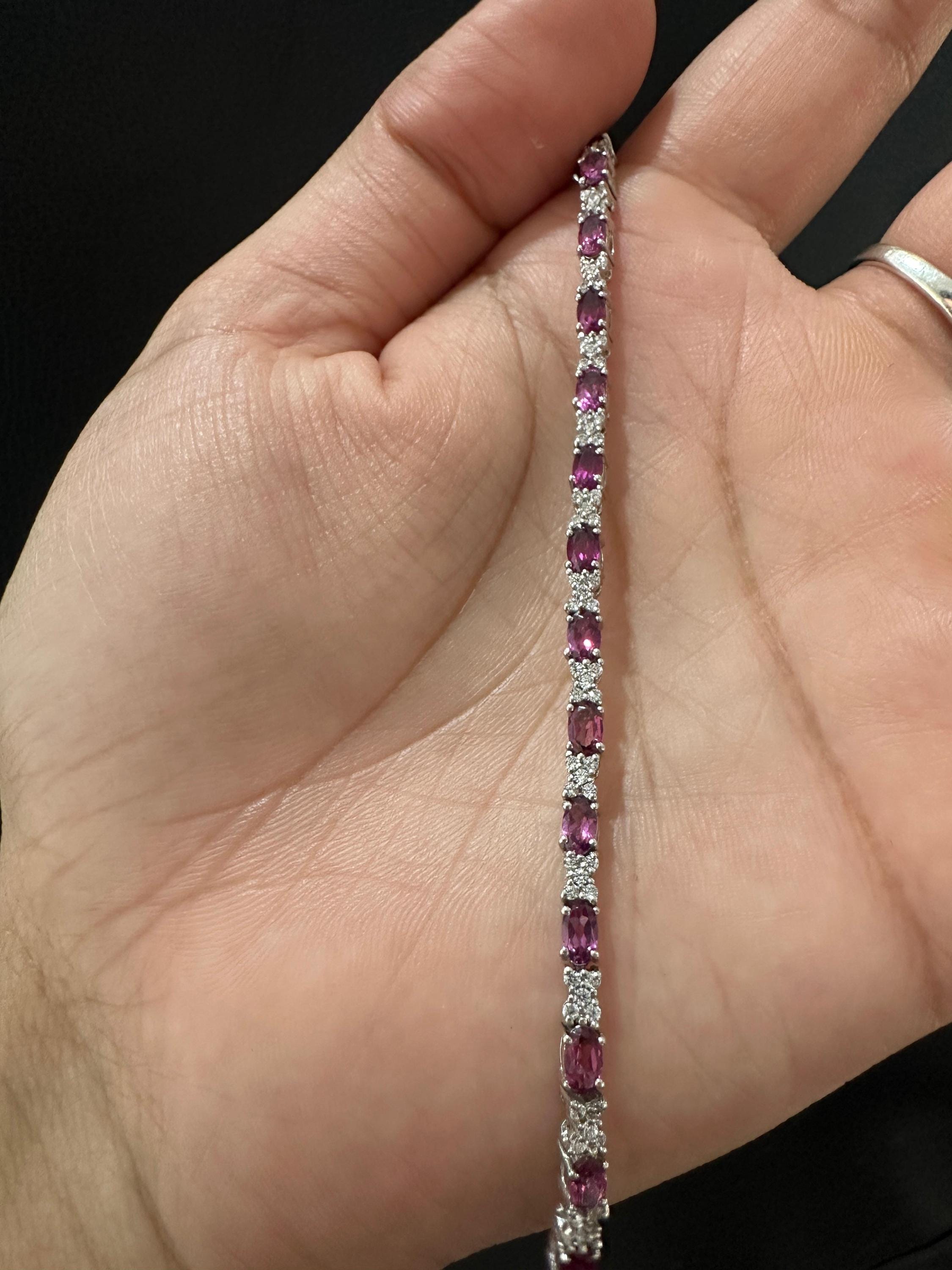 Rhodolite Garnet Tennis Bracelet | 925 Sterling Silver Diamond Accent Bridal Jewelry