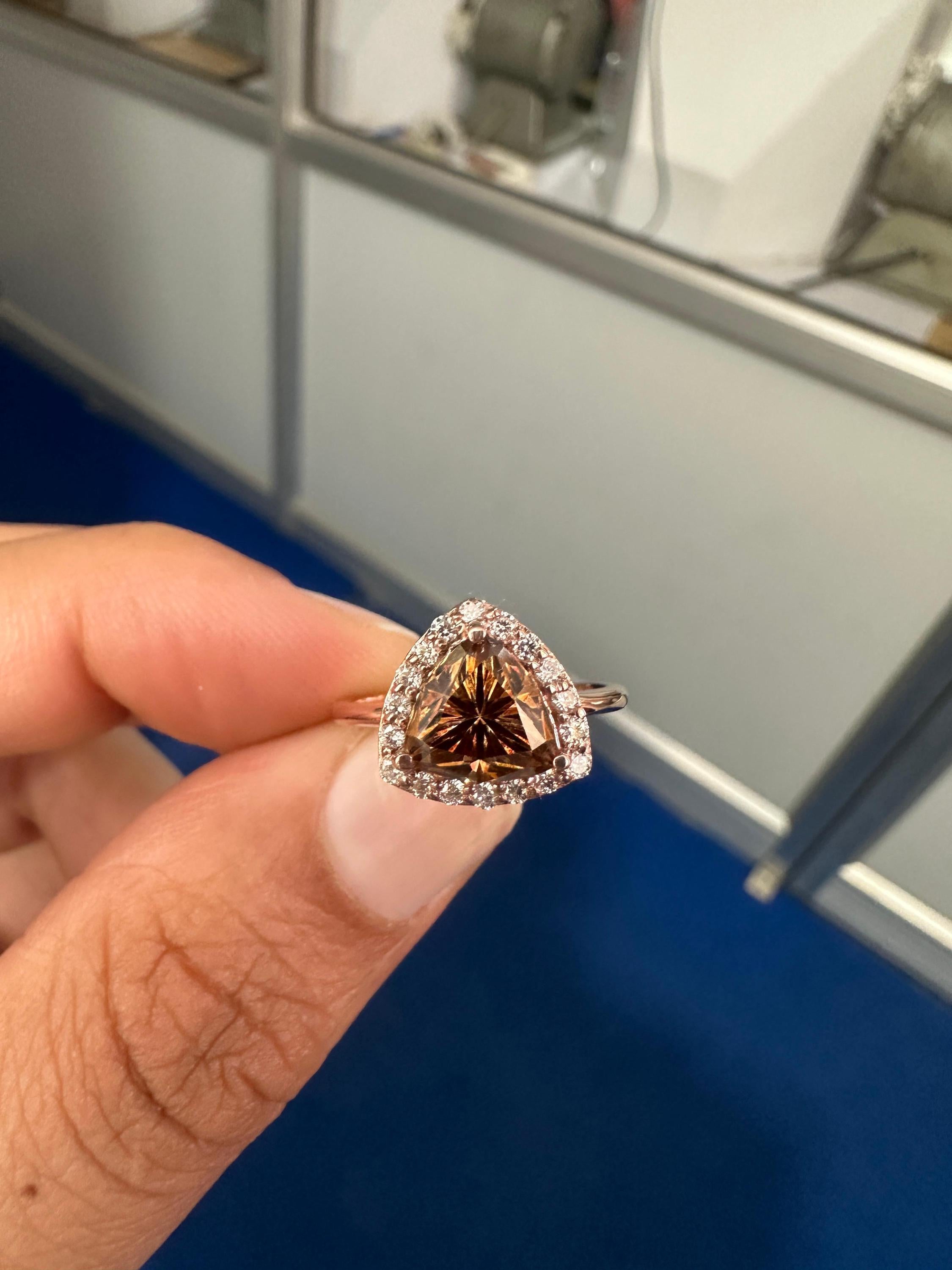Champagne Trillion Shape Moissanite Halo Engagement Ring | 14k Rose Gold Finish