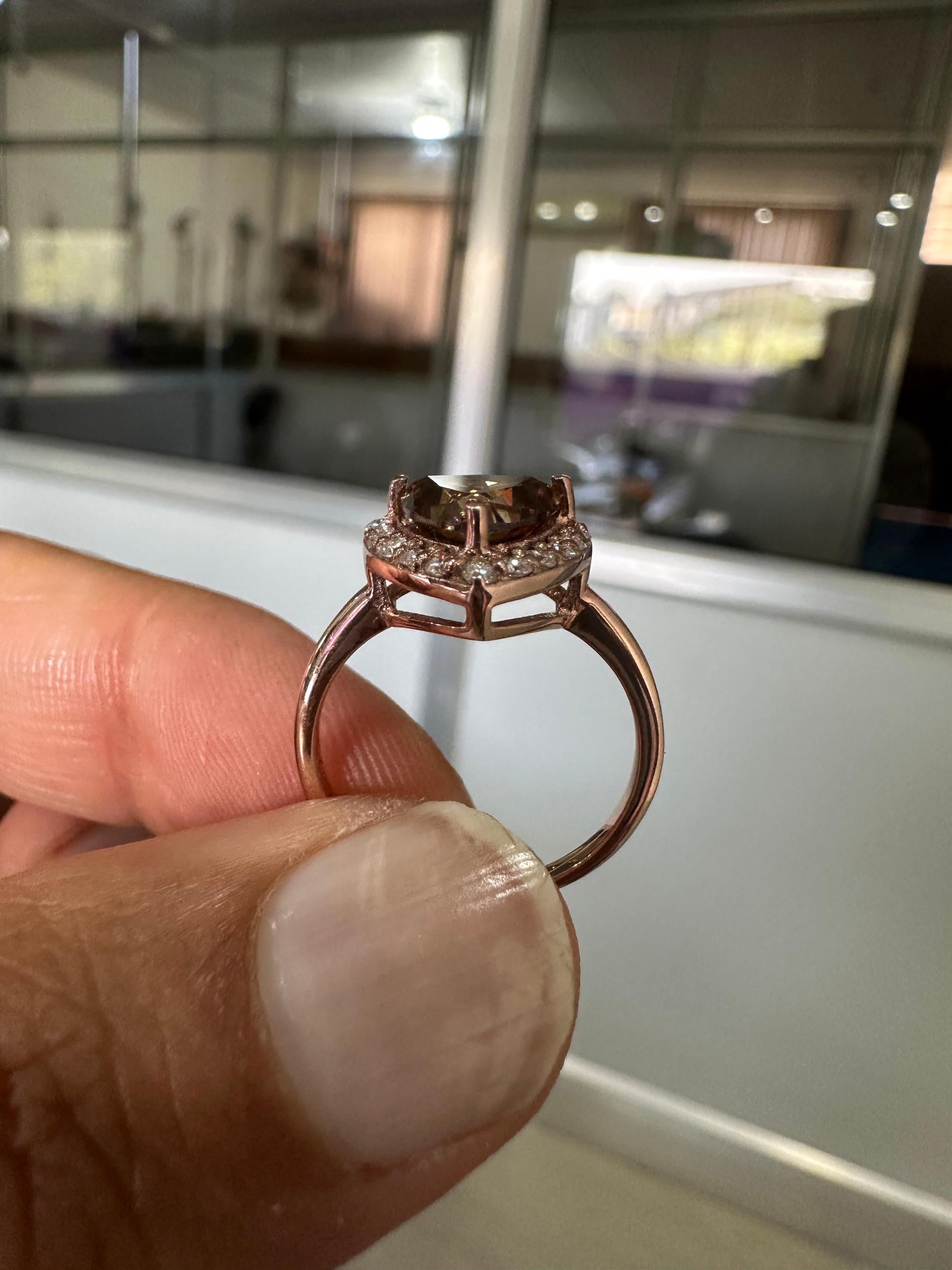 Champagne Trillion Shape Moissanite Halo Engagement Ring | 14k Rose Gold Finish