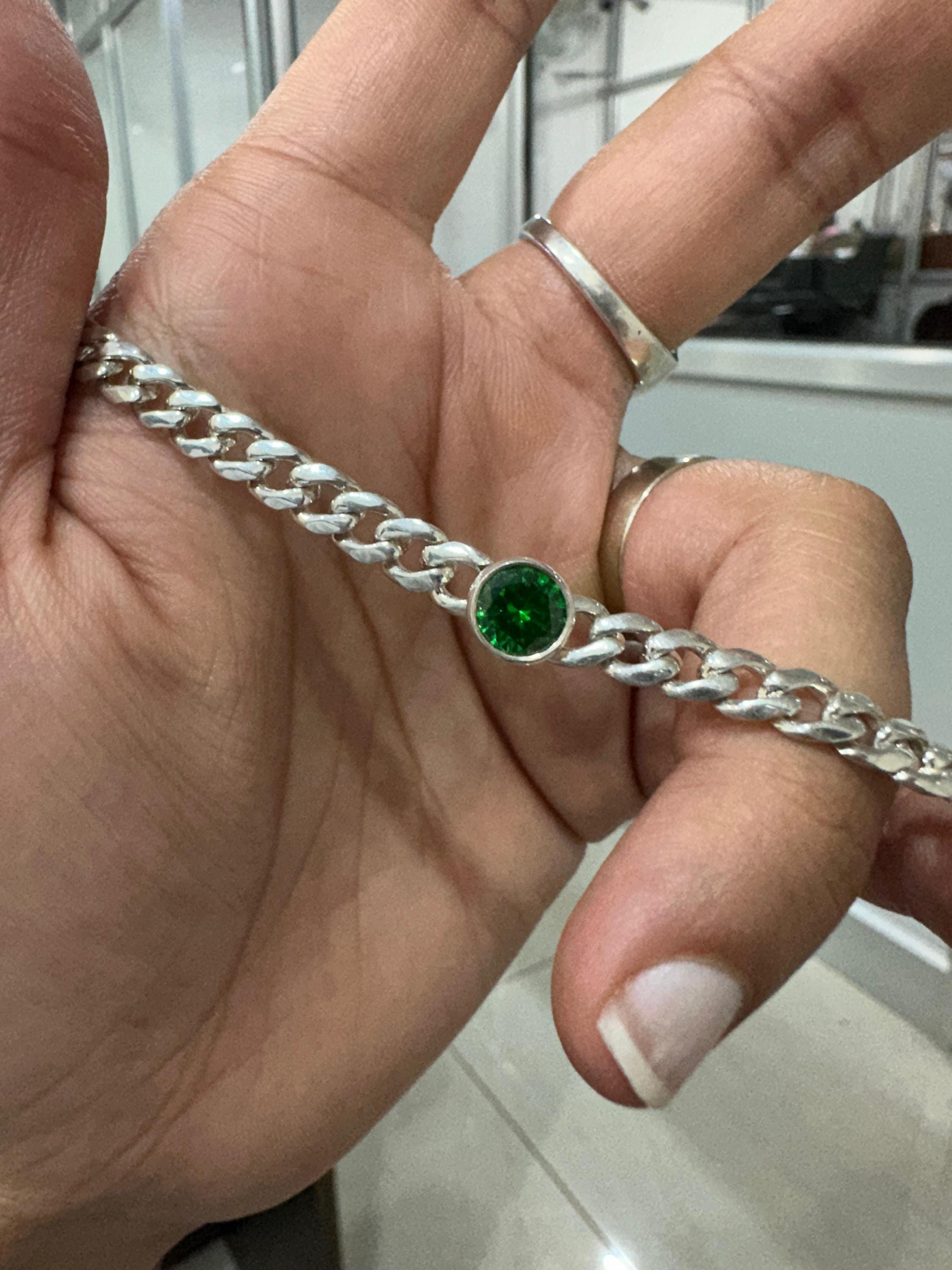 Emerald Cuban Chain Bracelet | 925 Sterling Silver, Unisex Jewelry