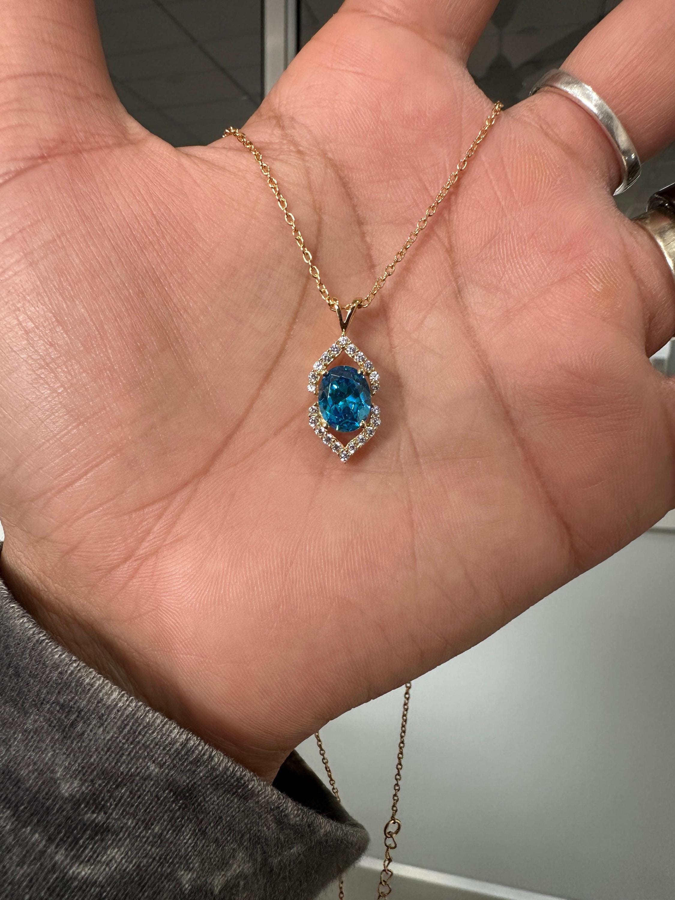Blue Diamond Halo Pendant | 2CT Gold Finish 925 Sterling Silver
