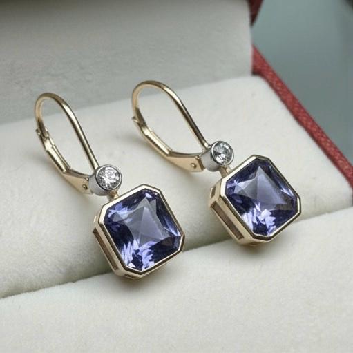 14K Gold Tanzanite Diamond Lever Back Earrings, Rare Blue Gemstone Earrings
