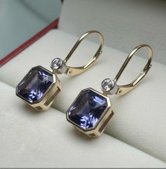 14K Gold Tanzanite Diamond Lever Back Earrings, Rare Blue Gemstone Earrings