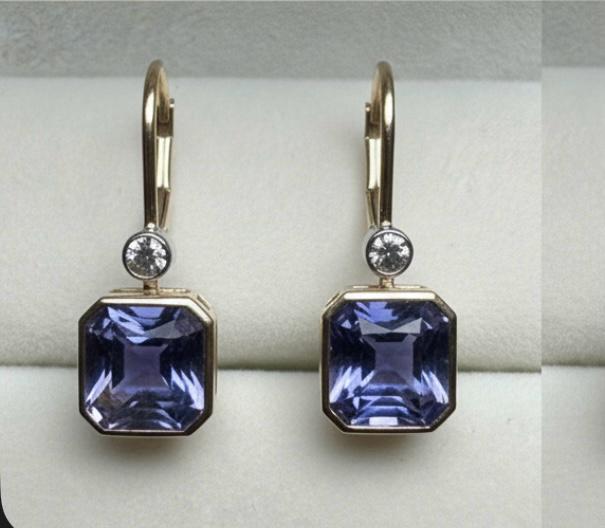 14K Gold Tanzanite Diamond Lever Back Earrings, Rare Blue Gemstone Earrings
