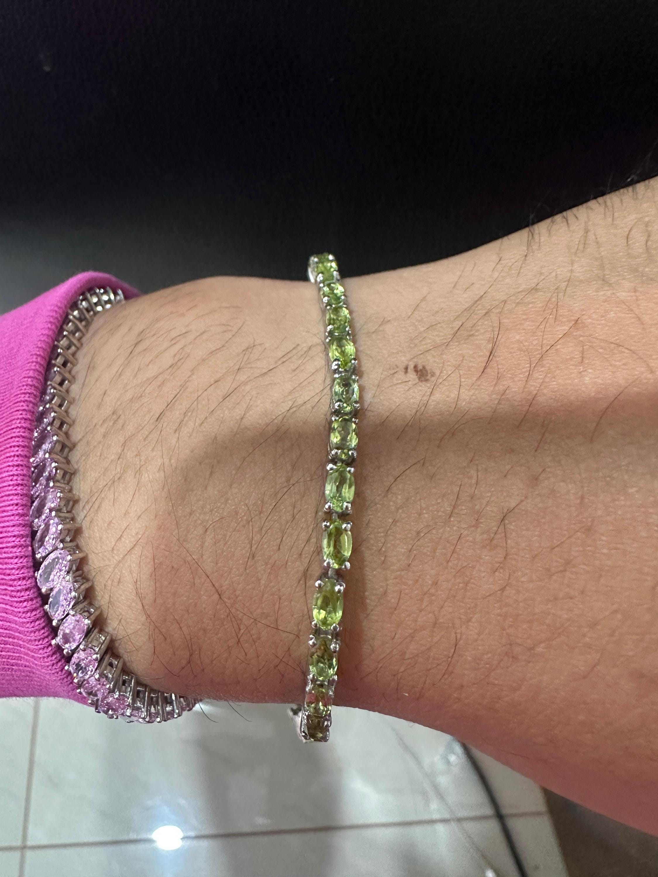Parrot Green Peridot Tennis Bracelet | 14k White Gold, Anniversary Gift for her