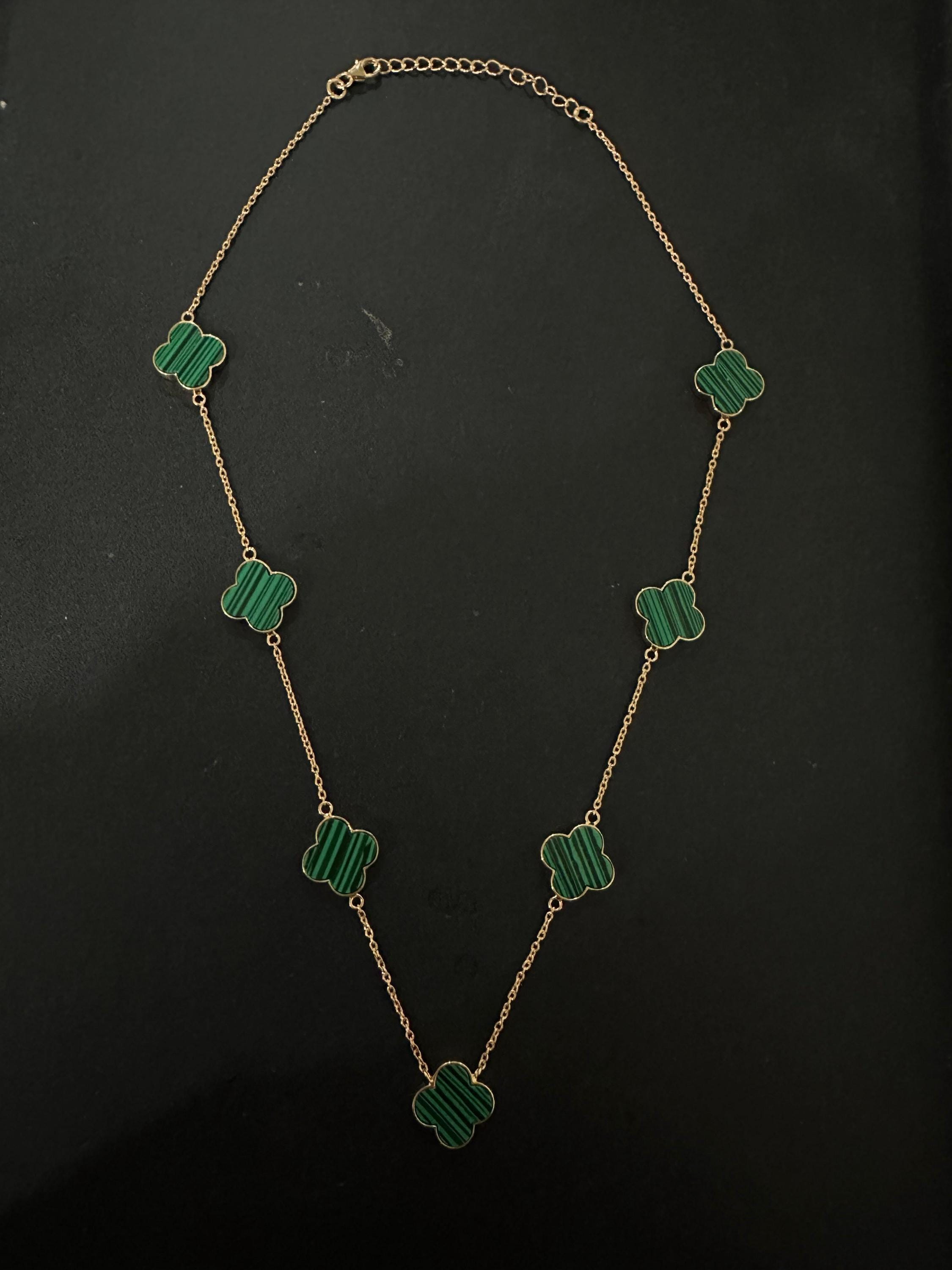 Malachite Clover Necklace 14K Gold Vermeil - Sterling Silver, Minimalist Charm