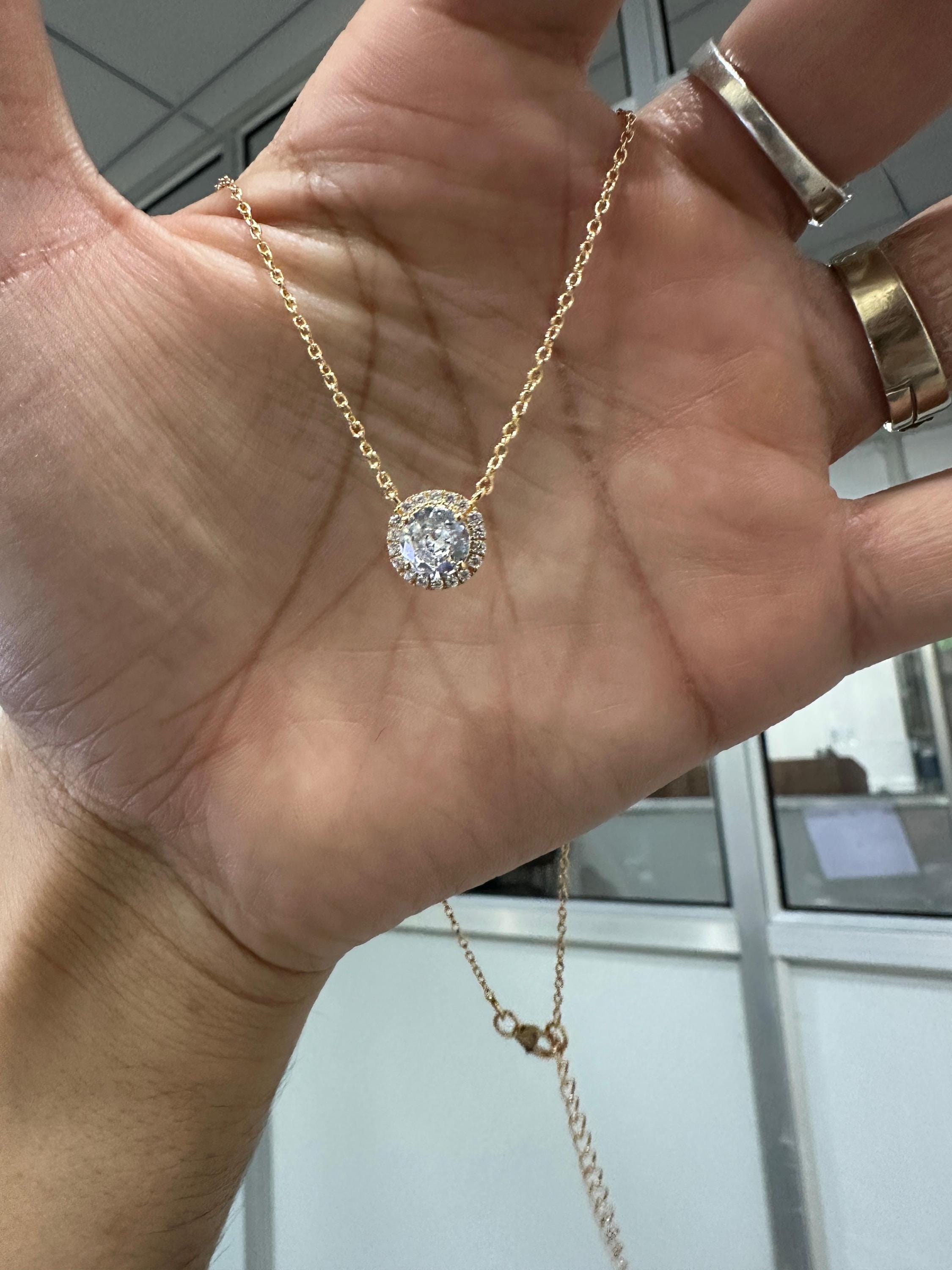 Minimal Moissanite Halo Pendant 14K Yellow Gold, 1 CT Round Moissanite Necklace for her