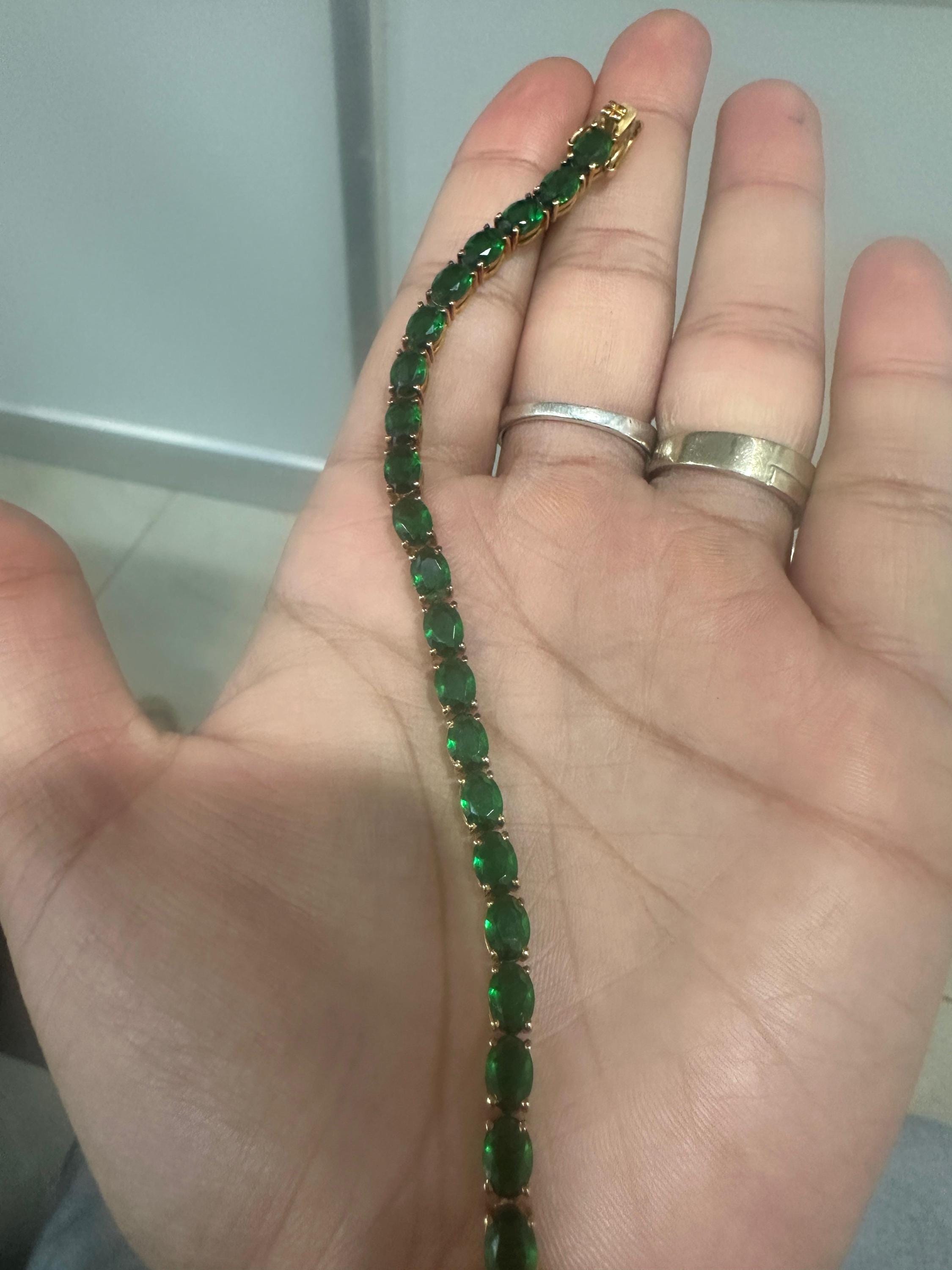 Zambian Emerald Oval Cut Tennis Bracelet | 14K Yellow Gold Finish, 22 CT