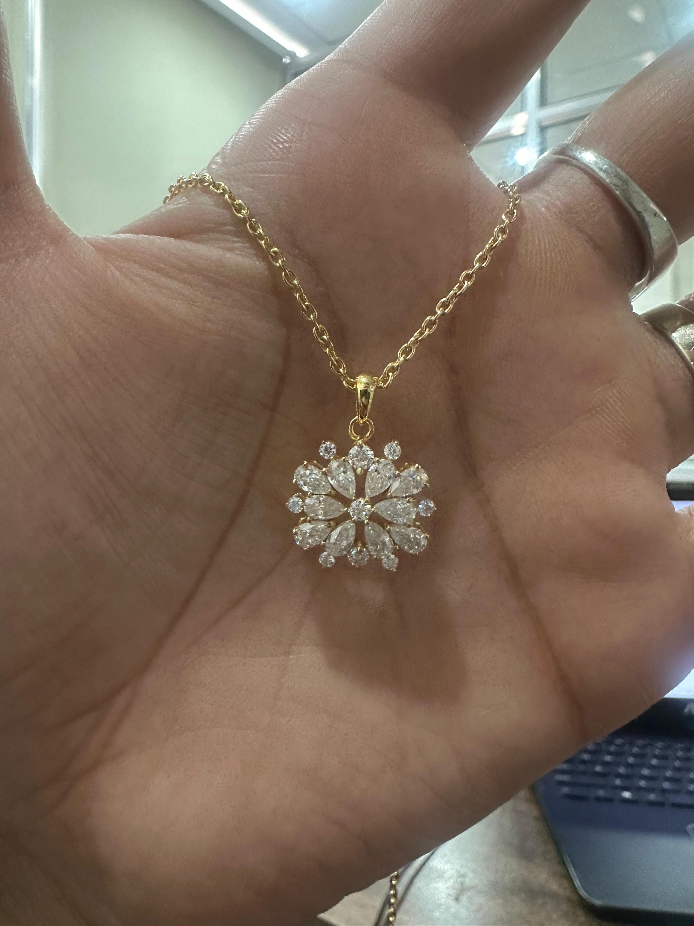 Snowflake Moissanite Pendant Necklace | Gold Vermeil over 925 Sterling Silver | Bridesmaid Gift