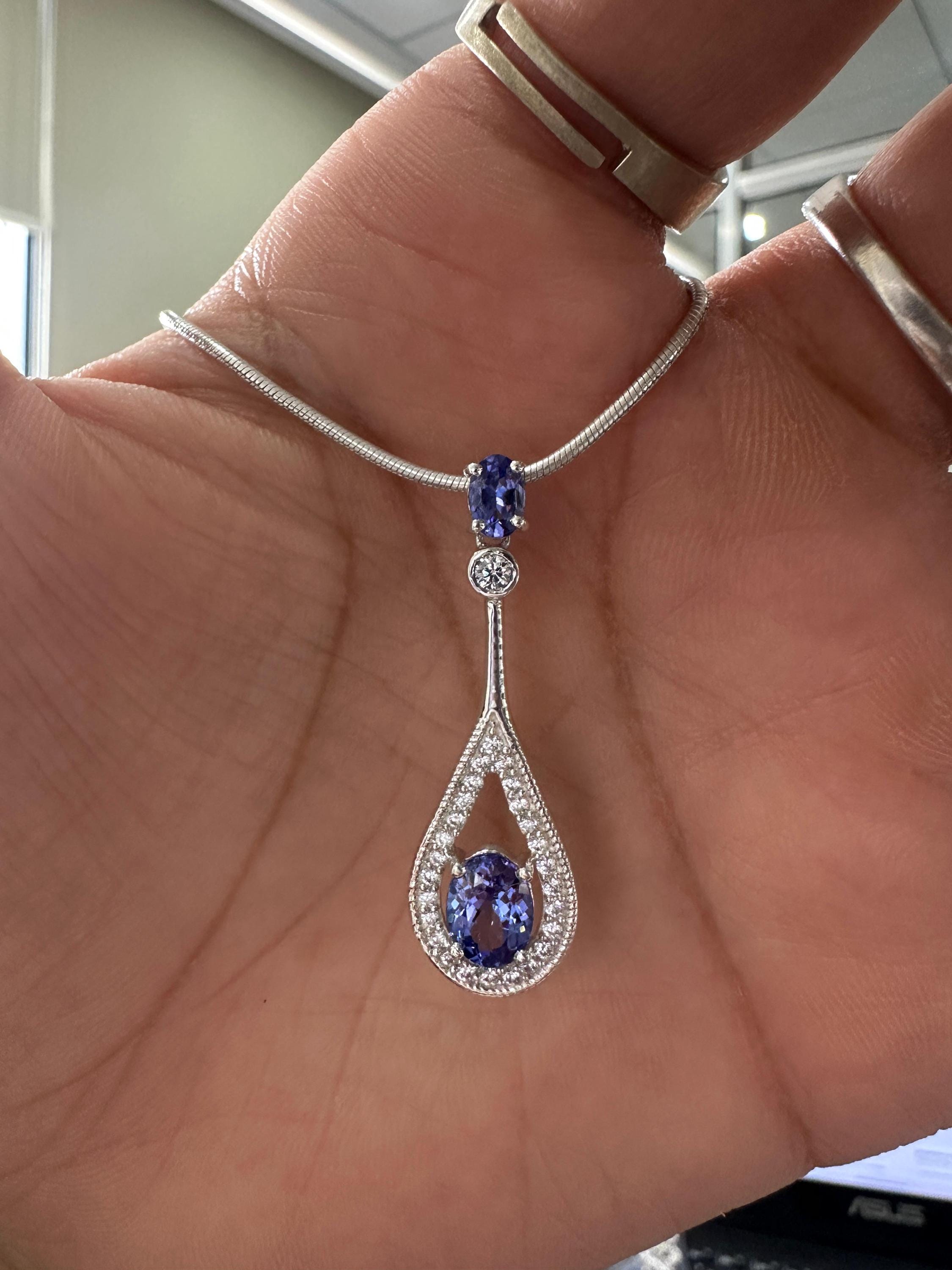 Unique Tanzanite Drop Pendant Necklace | 14k White Gold | Christmas Gift for her