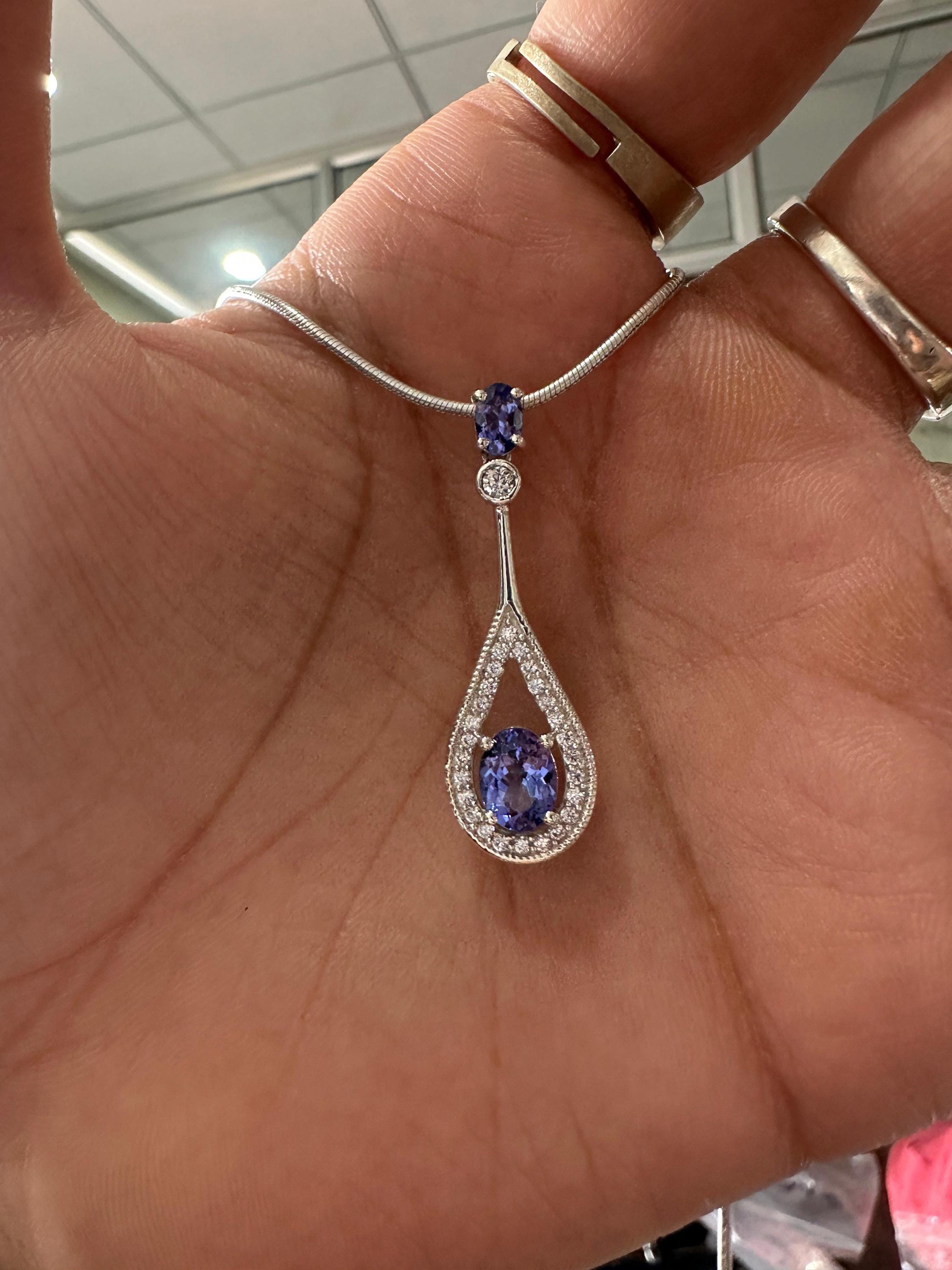 Unique Tanzanite Drop Pendant Necklace | 14k White Gold | Christmas Gift for her
