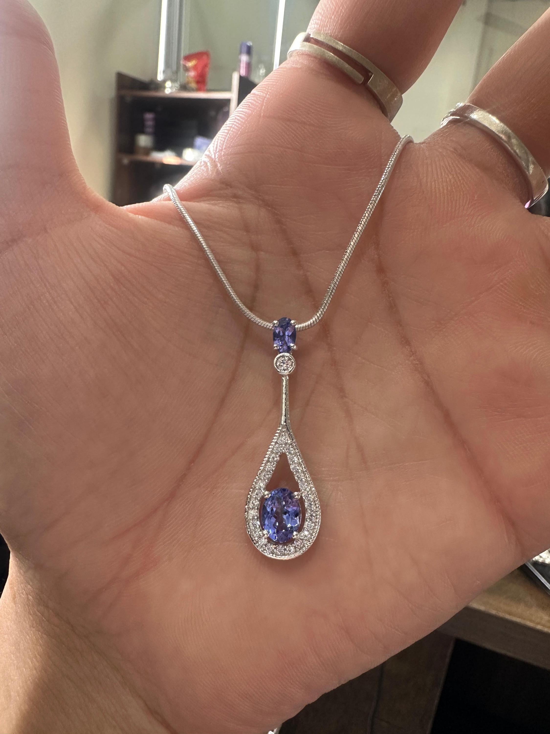 Unique Tanzanite Drop Pendant Necklace | 14k White Gold | Christmas Gift for her