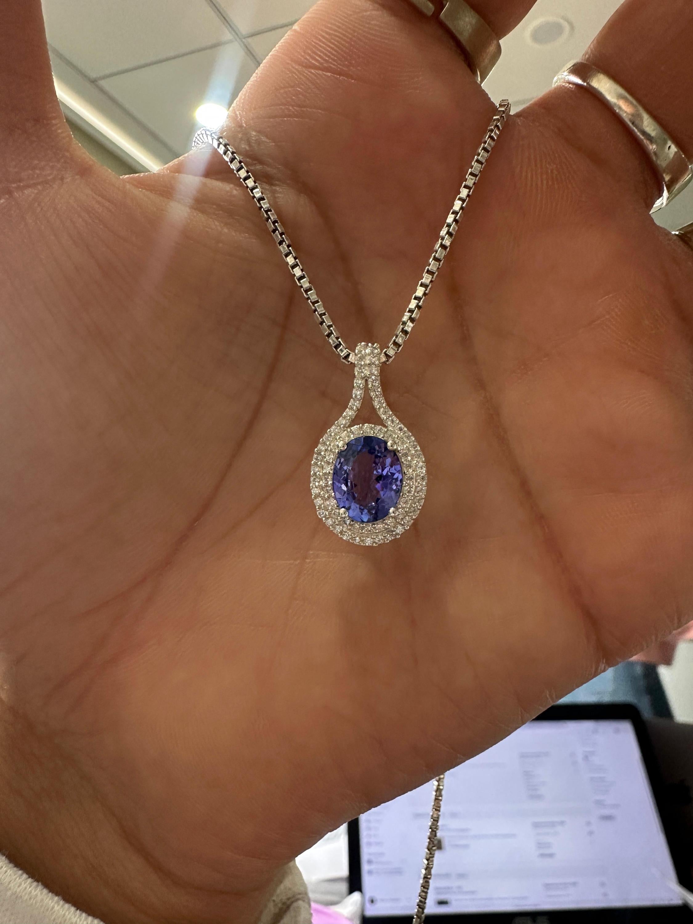 Rare Blue Tanzanite Diamond Halo Pendant Necklace | 14k White Gold, 3 CT Oval Tanzanite