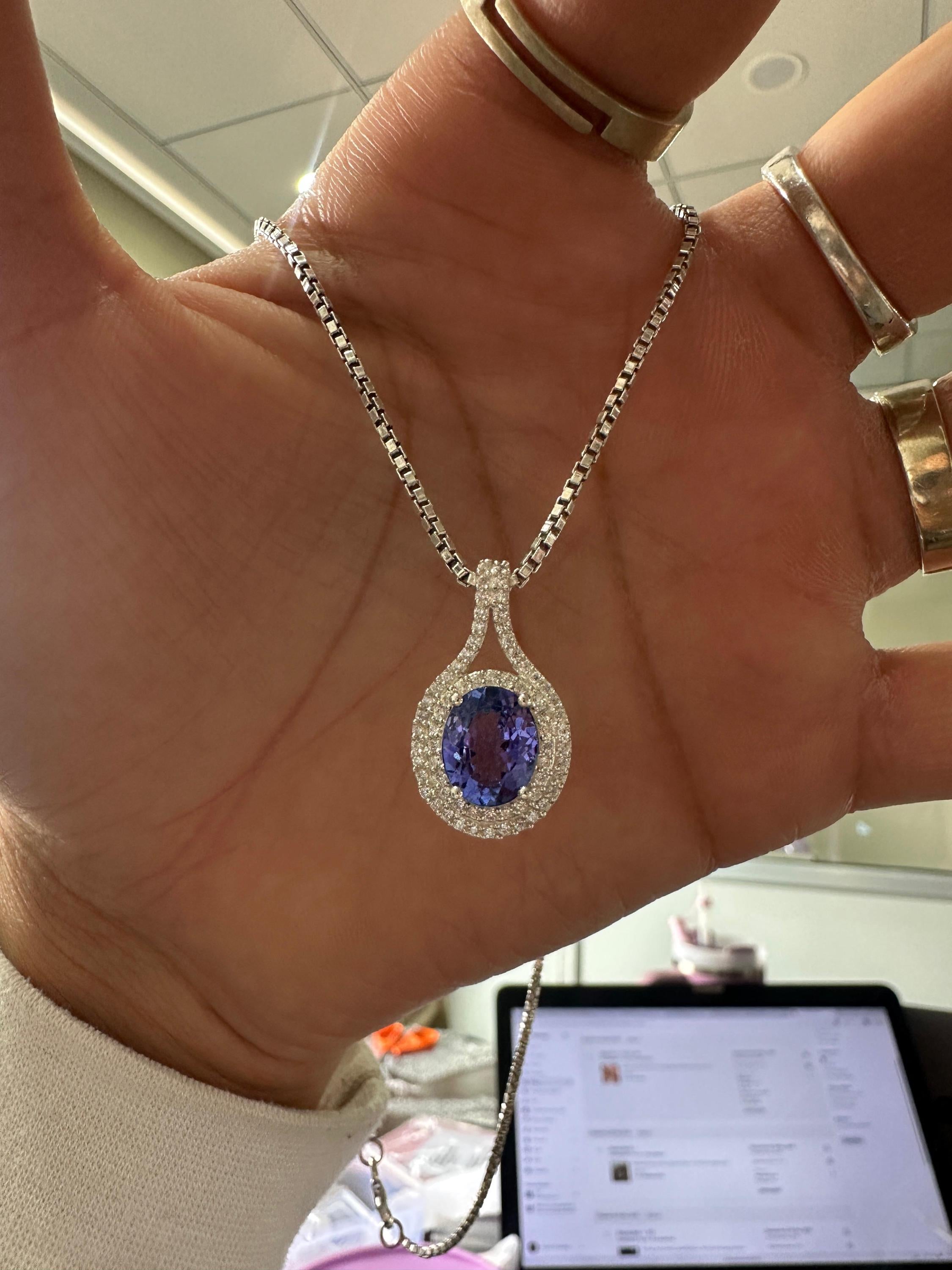 Rare Blue Tanzanite Diamond Halo Pendant Necklace | 14k White Gold, 3 CT Oval Tanzanite