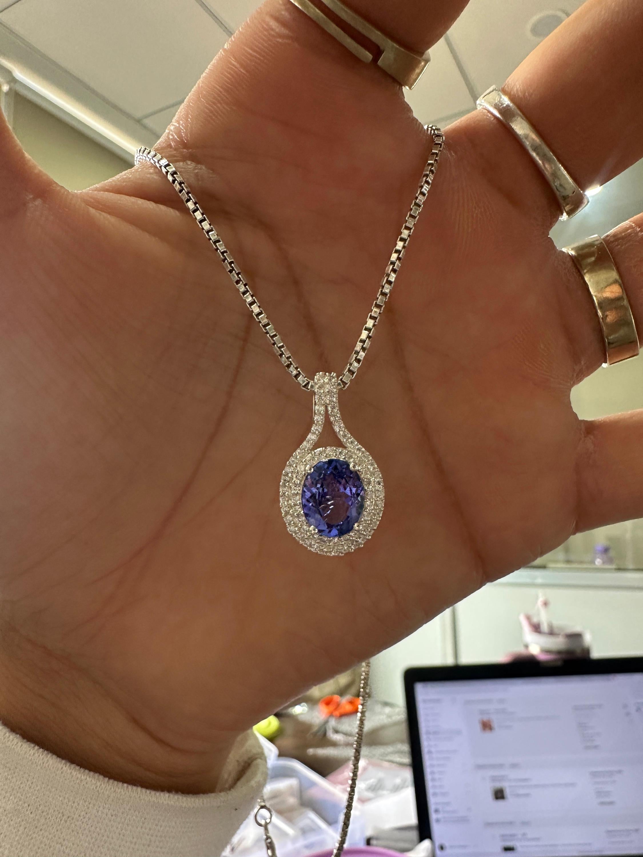 Rare Blue Tanzanite Diamond Halo Pendant Necklace | 14k White Gold, 3 CT Oval Tanzanite