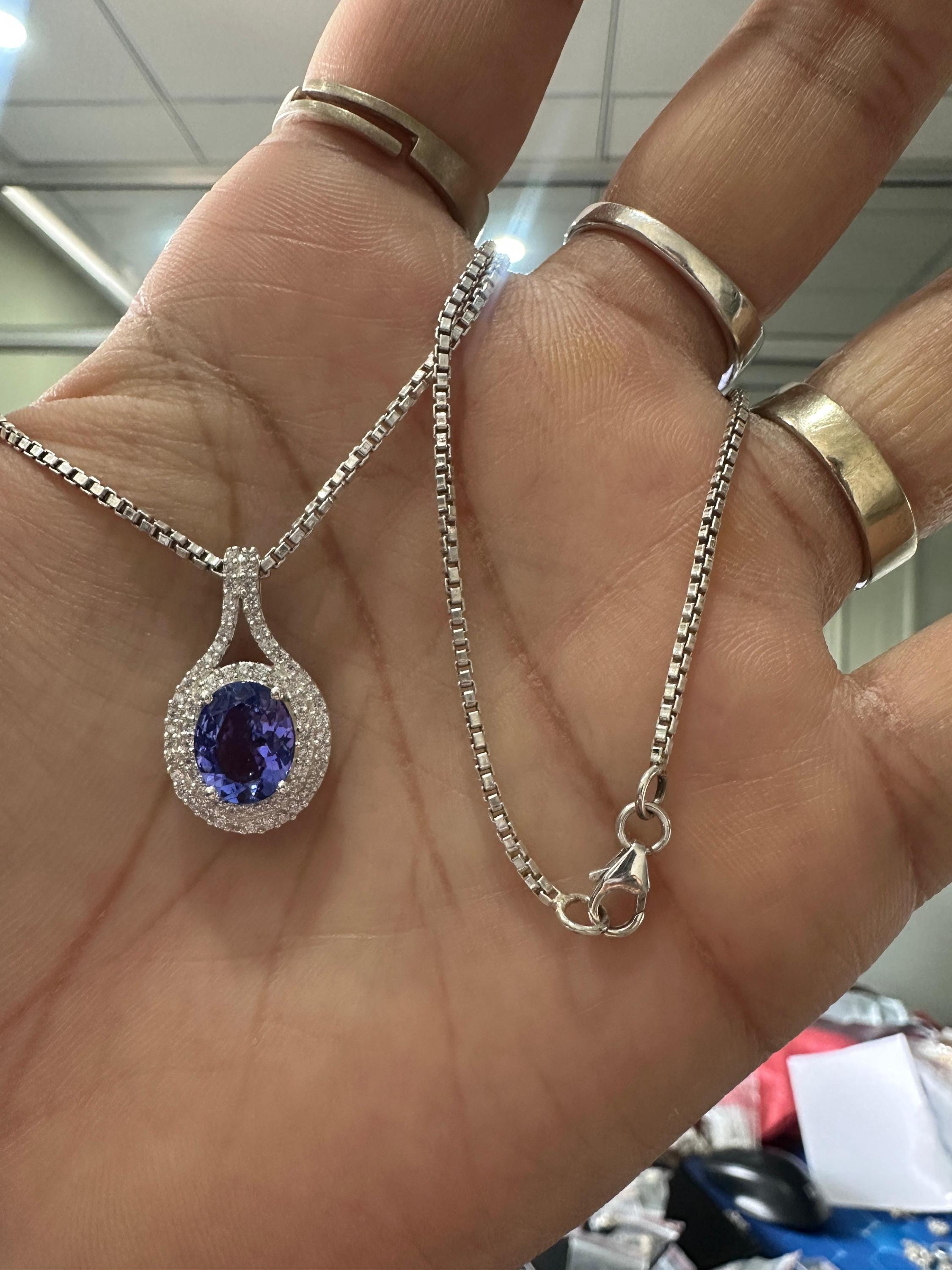 Rare Blue Tanzanite Diamond Halo Pendant Necklace | 14k White Gold, 3 CT Oval Tanzanite