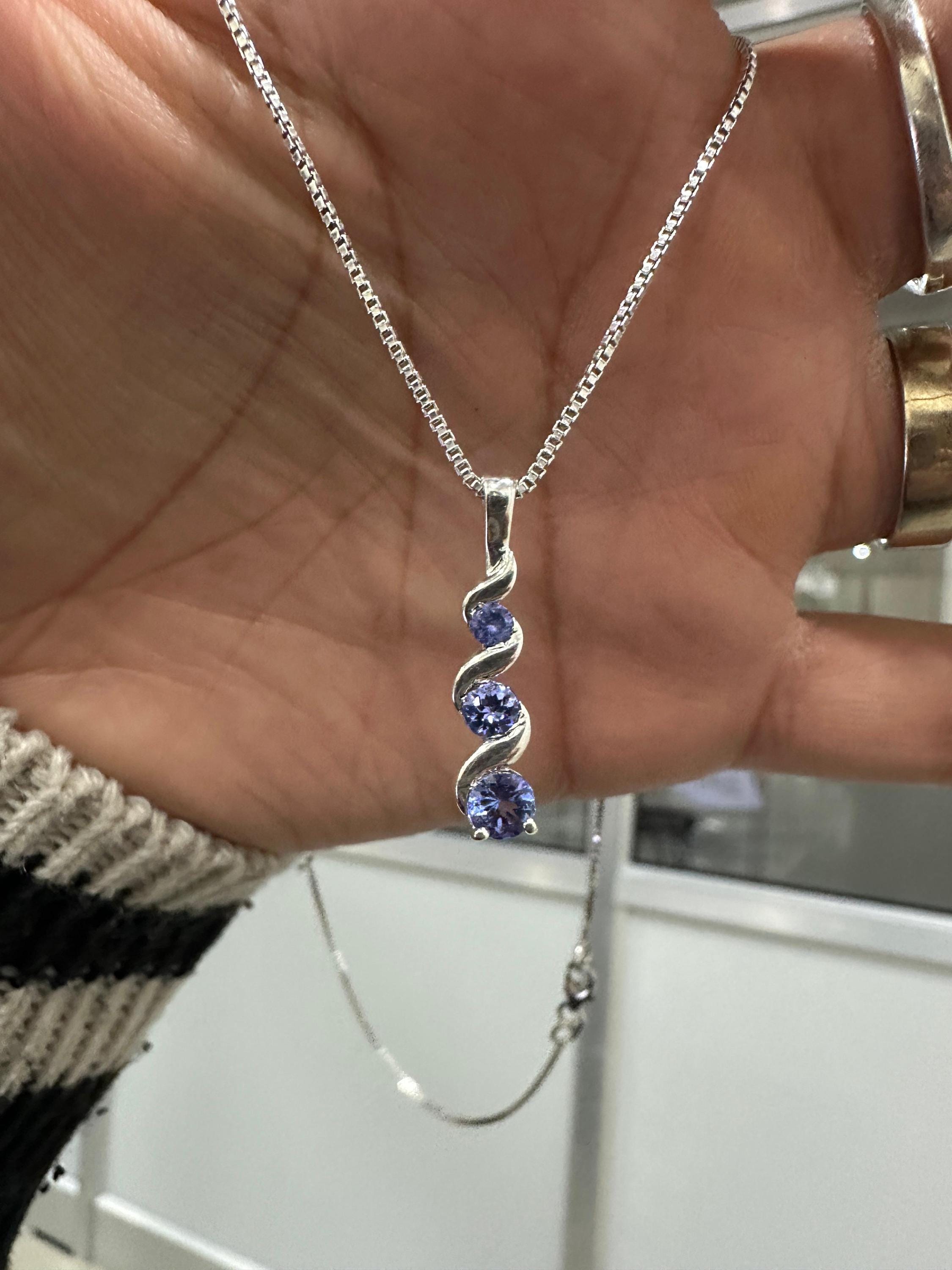 14k Gold Tanzanite Pendant | Unique Three Stone Necklace | Anniversary Gift for her