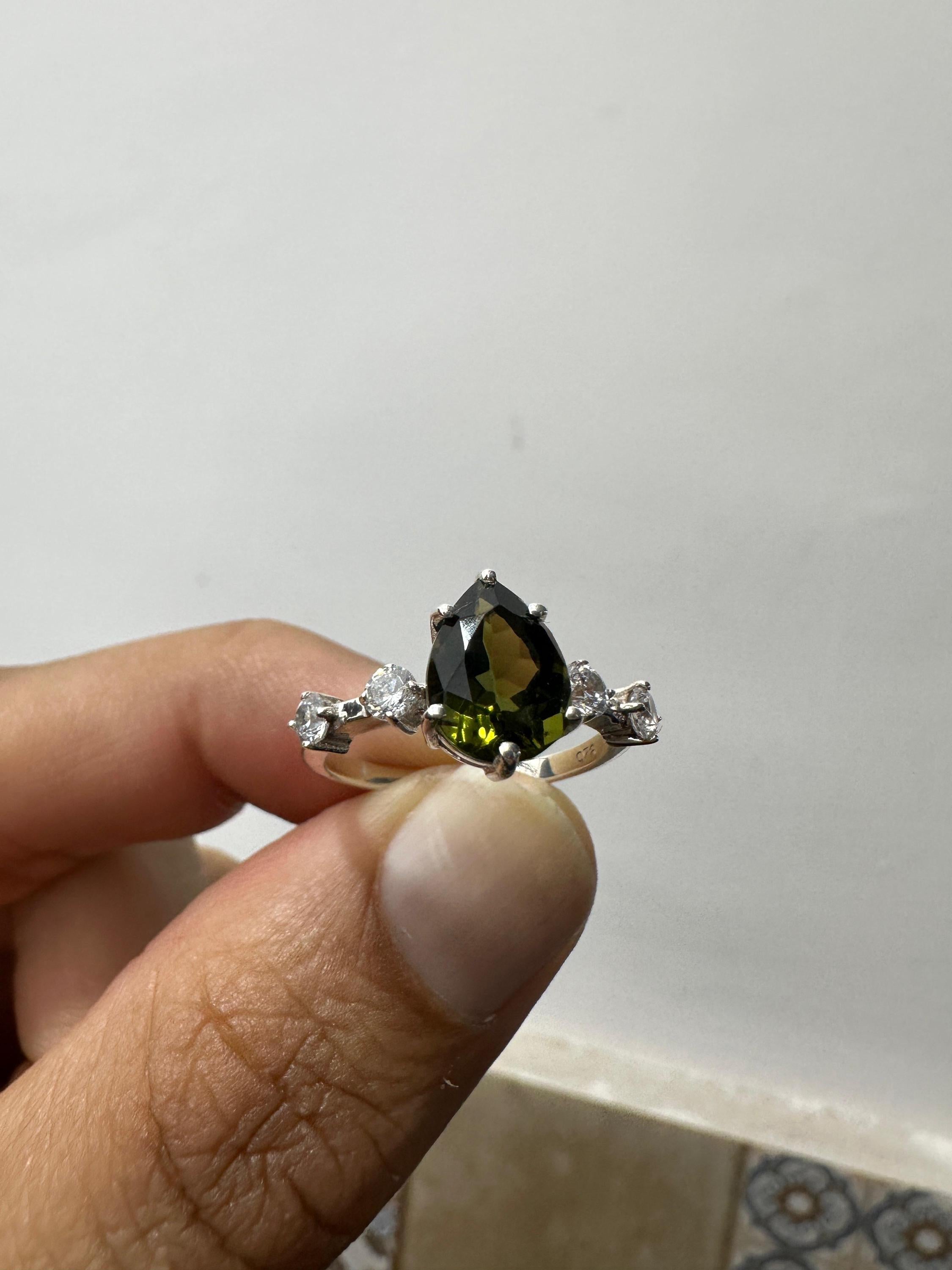Natural Moldavite Diamond Engagement Ring, 3 CT Pear Cut Green Gemstone Ring, 14K White Gold
