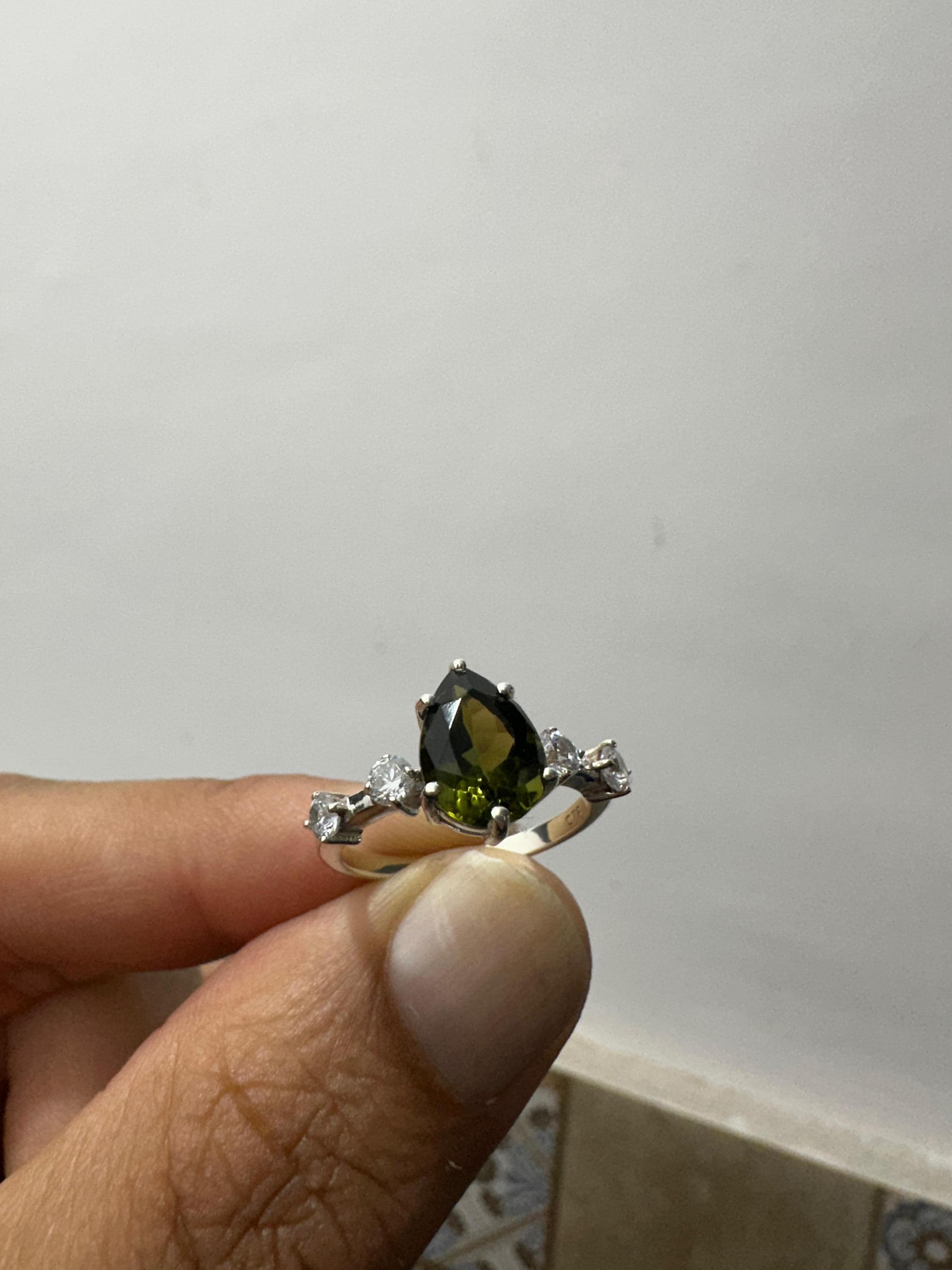 3CT Natural Moldavite Pear Engagement Ring | Diamond | 14K White Gold