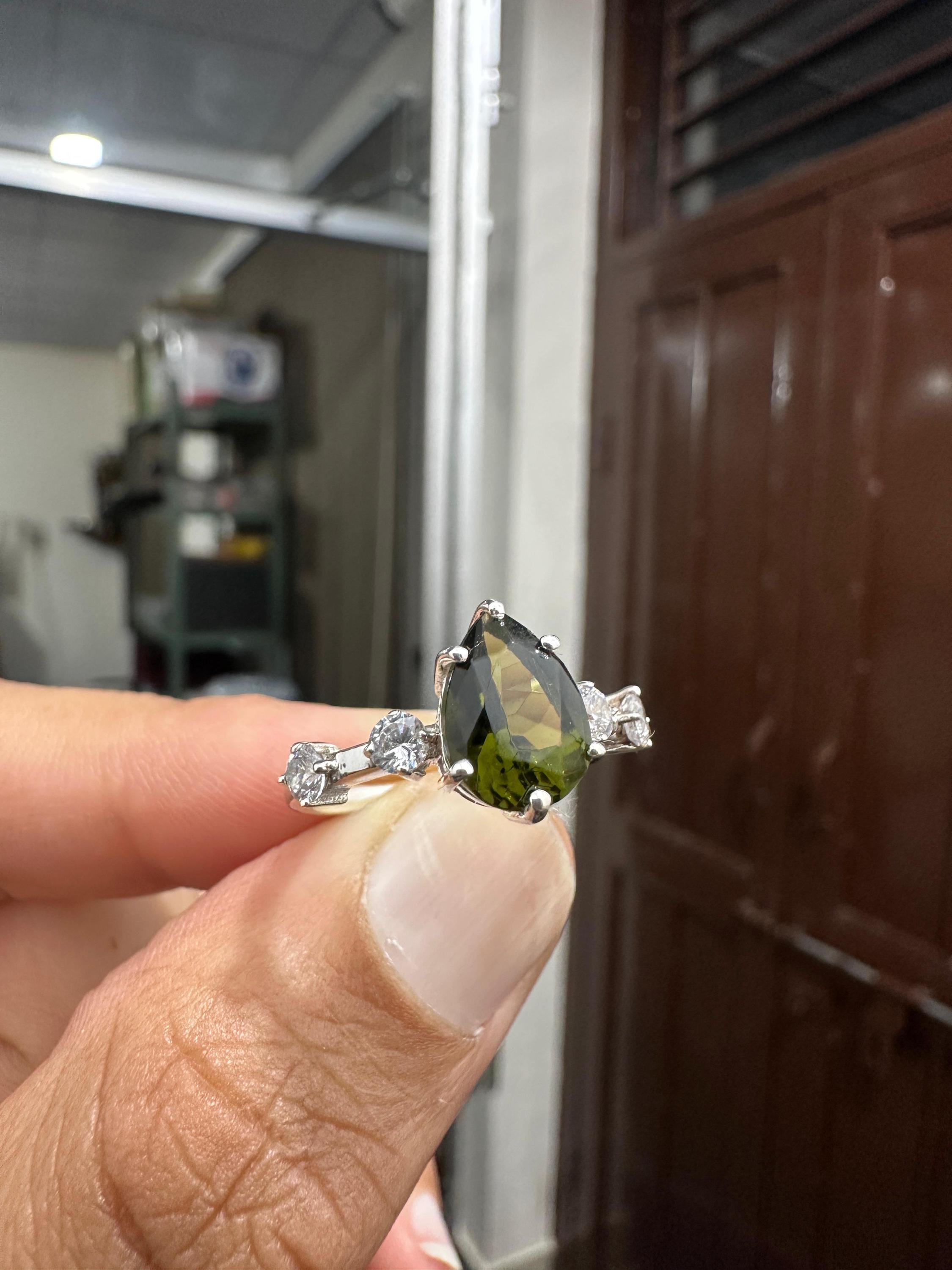 Natural Moldavite Diamond Engagement Ring, 3 CT Pear Cut Green Gemstone Ring, 14K White Gold
