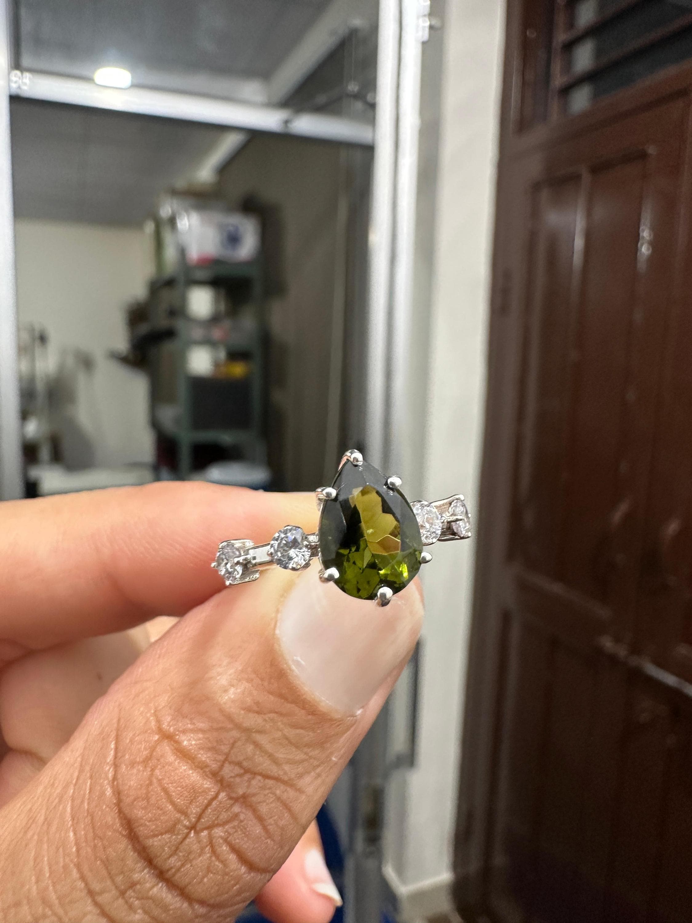 3CT Natural Moldavite Pear Engagement Ring | Diamond | 14K White Gold