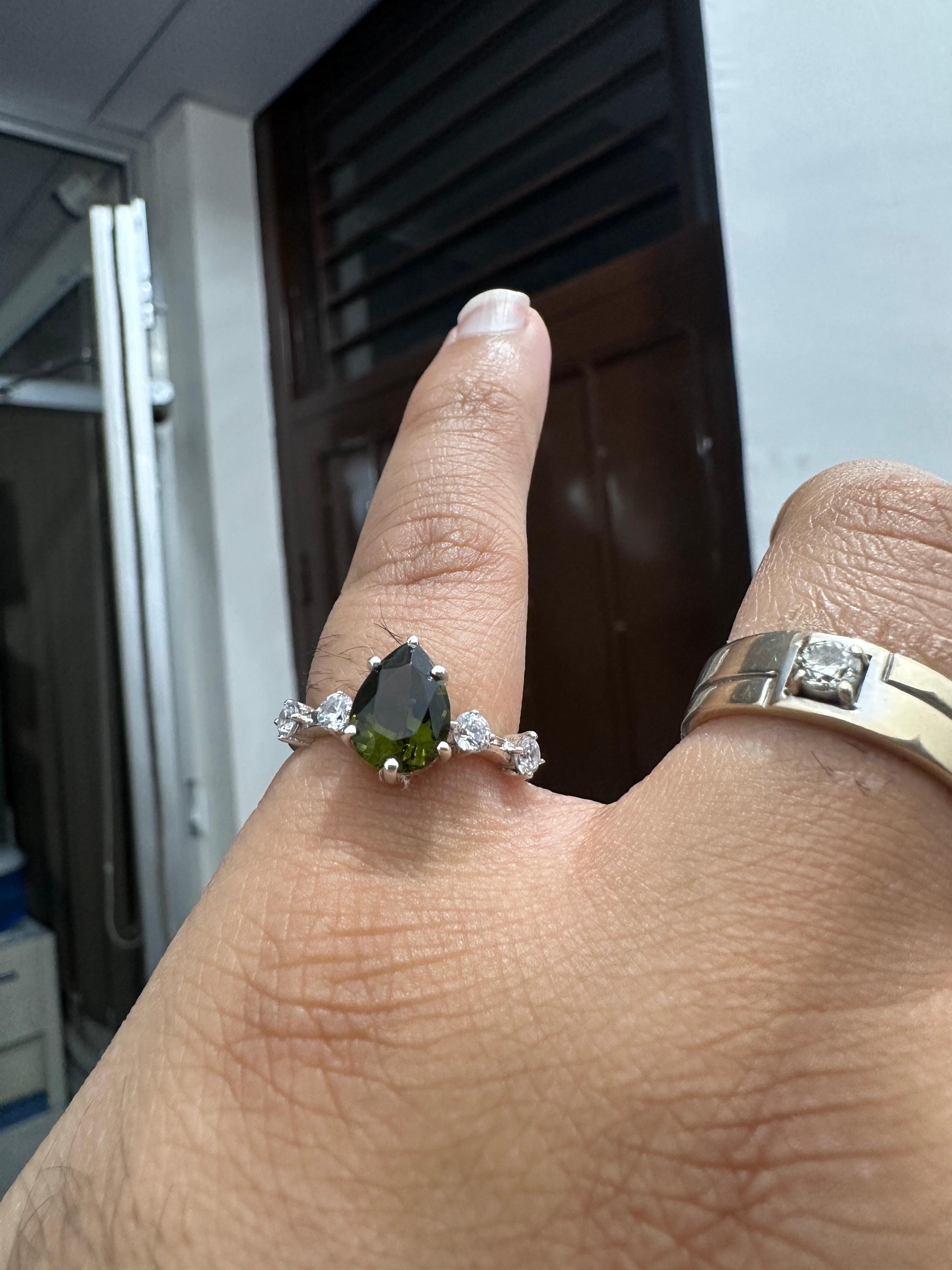 Natural Moldavite Diamond Engagement Ring, 3 CT Pear Cut Green Gemstone Ring, 14K White Gold