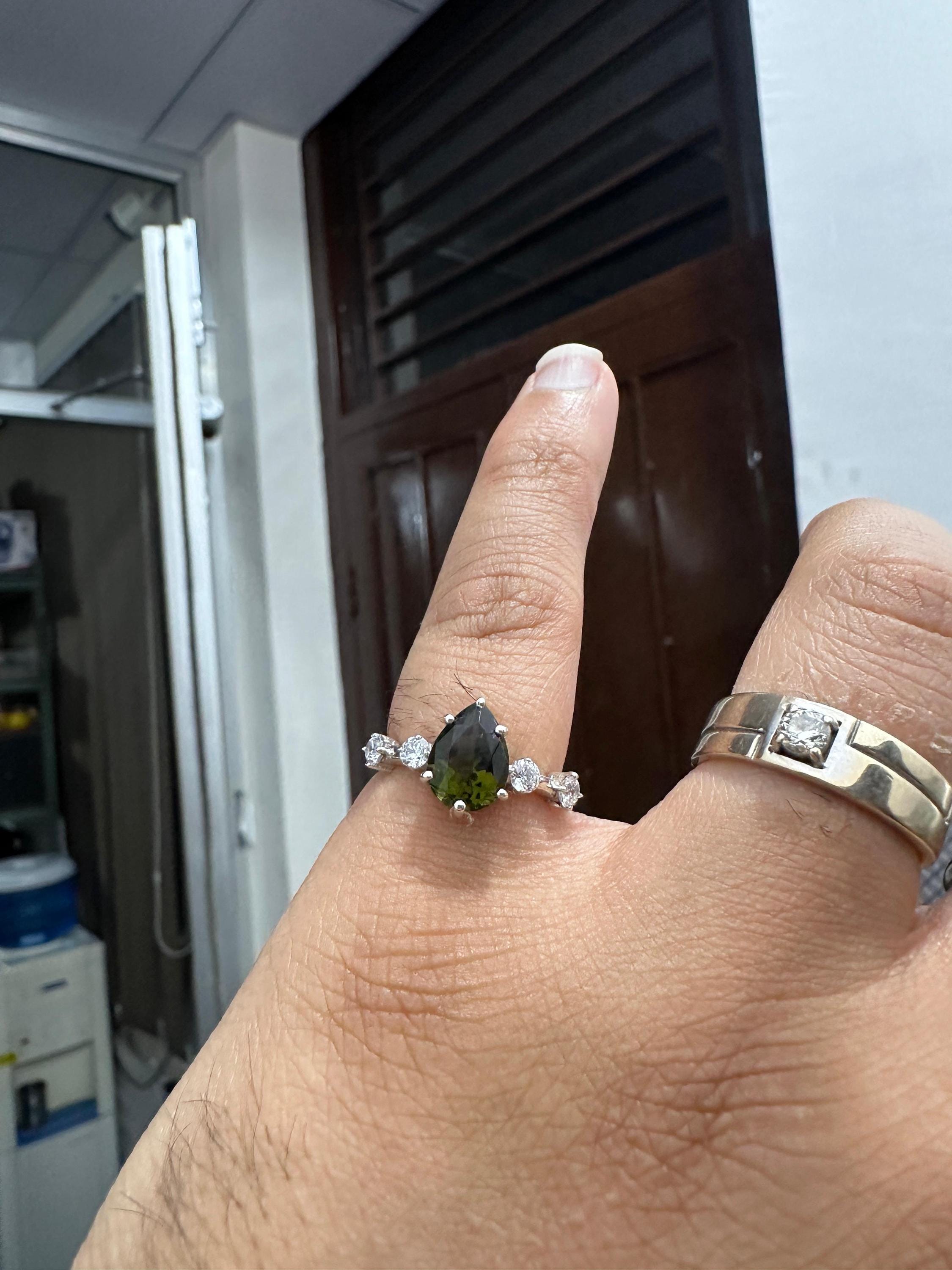 3CT Natural Moldavite Pear Engagement Ring | Diamond | 14K White Gold