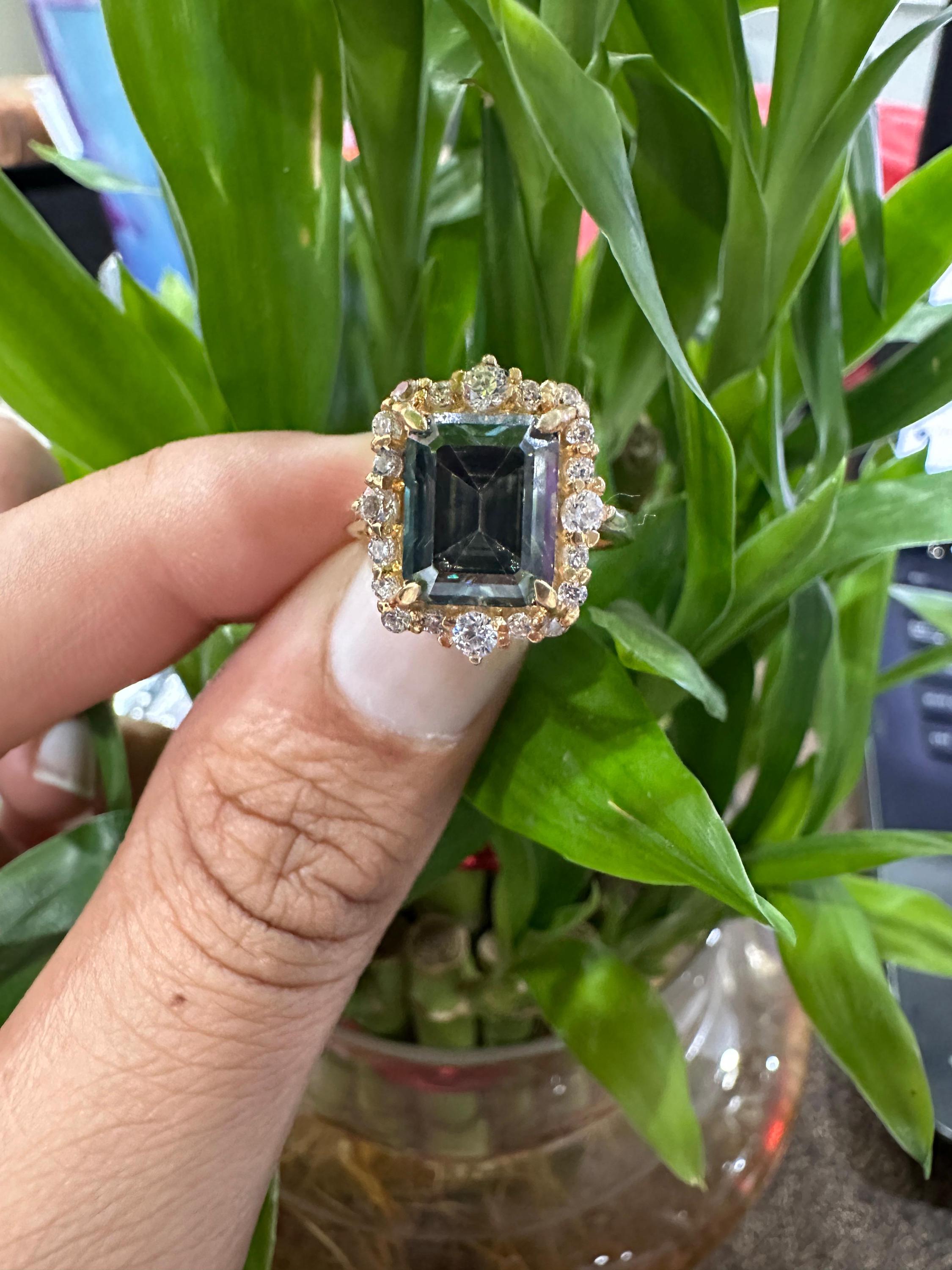 Color Changing Alexandrite Moissanite Engagement Ring | 4 Ct Emerald Cut Halo Gold Finish