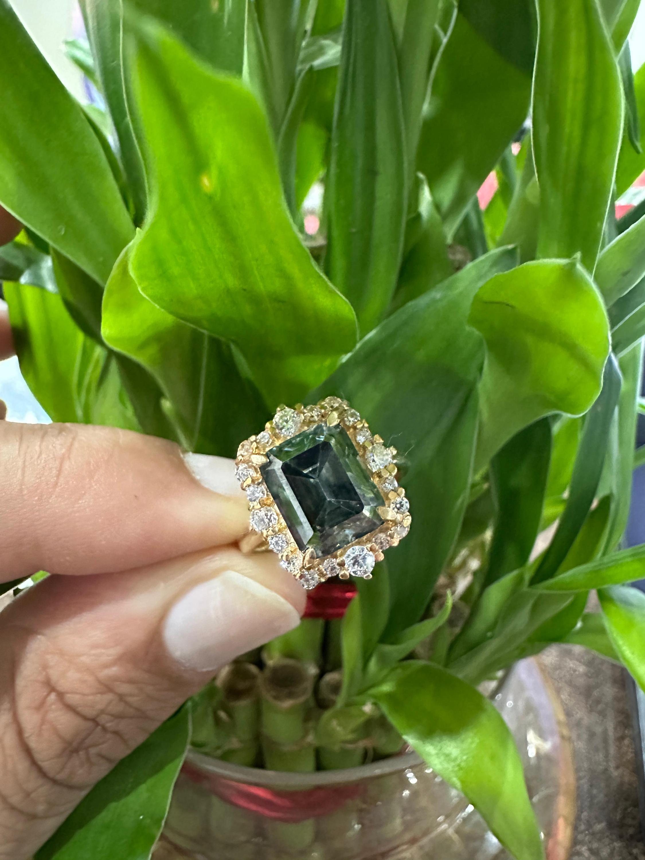 Color Changing Alexandrite Moissanite Engagement Ring | 4 Ct Emerald Cut Halo Gold Finish