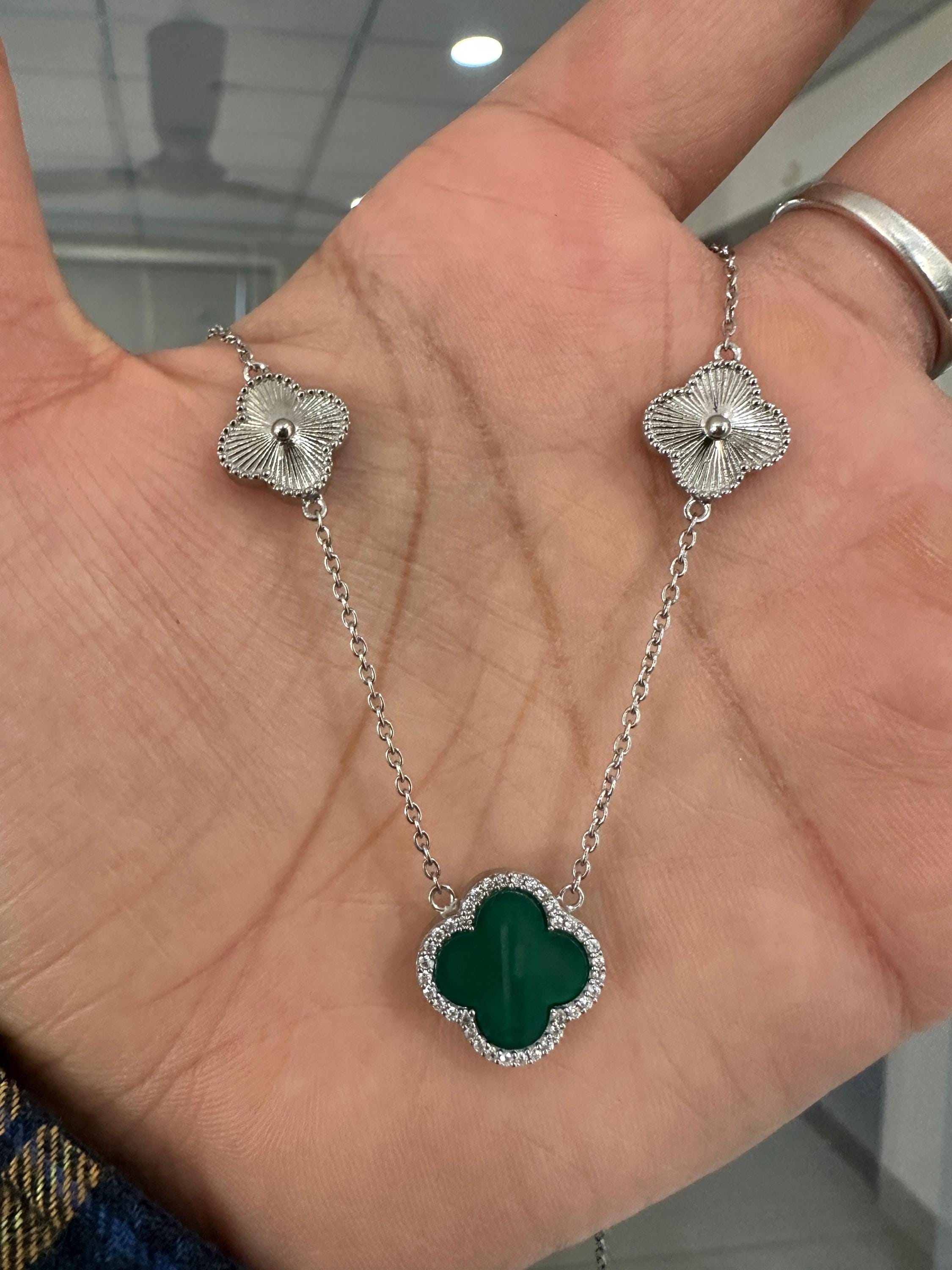 Green Clover Necklace for Women | 925 Sterling Silver | Four Leaf Lucky Charm Pendant | Minimalist Everyday Necklace