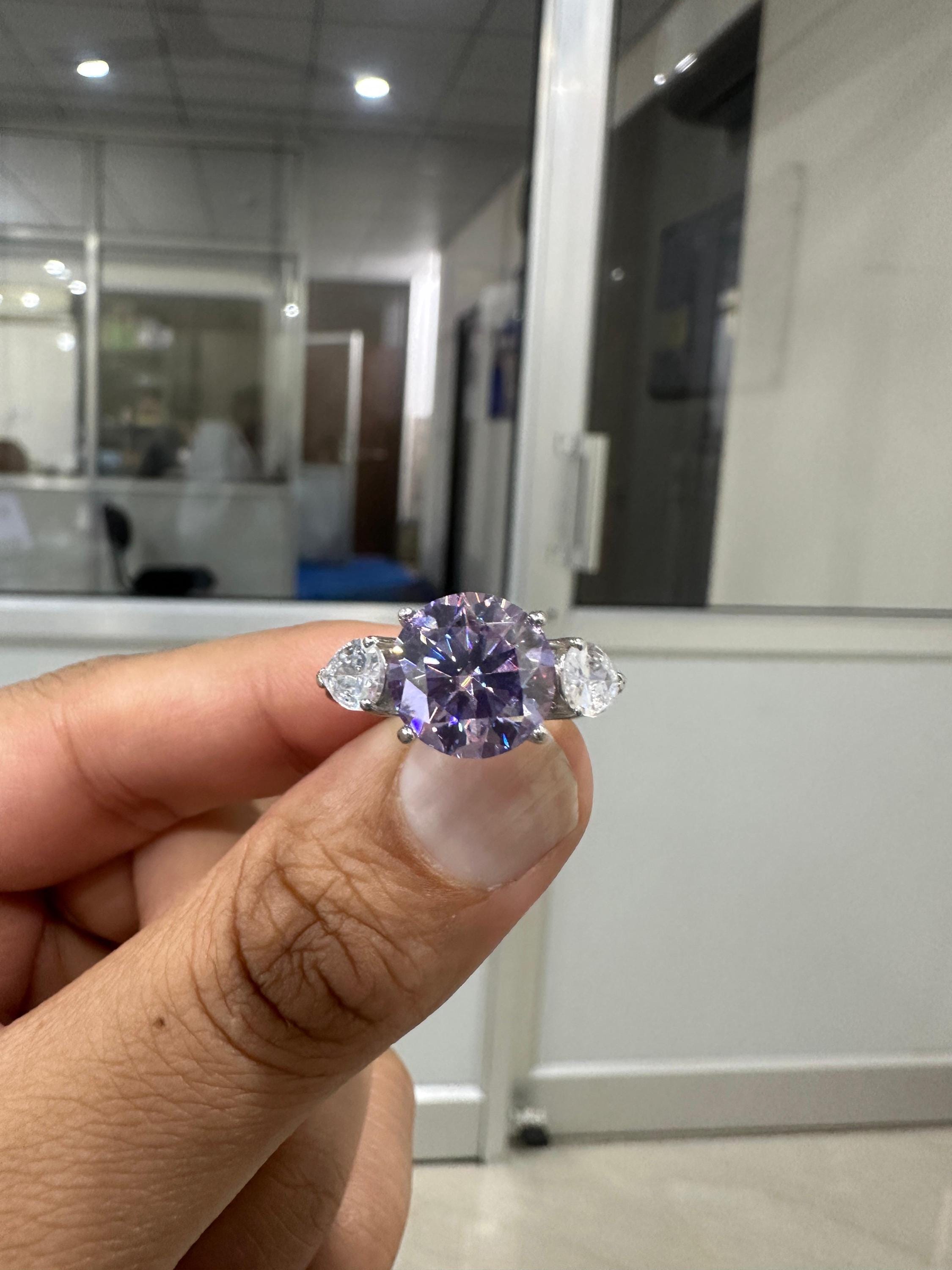 Lavender Moissanite Engagement Ring | Sterling Silver Three-Stone Ring