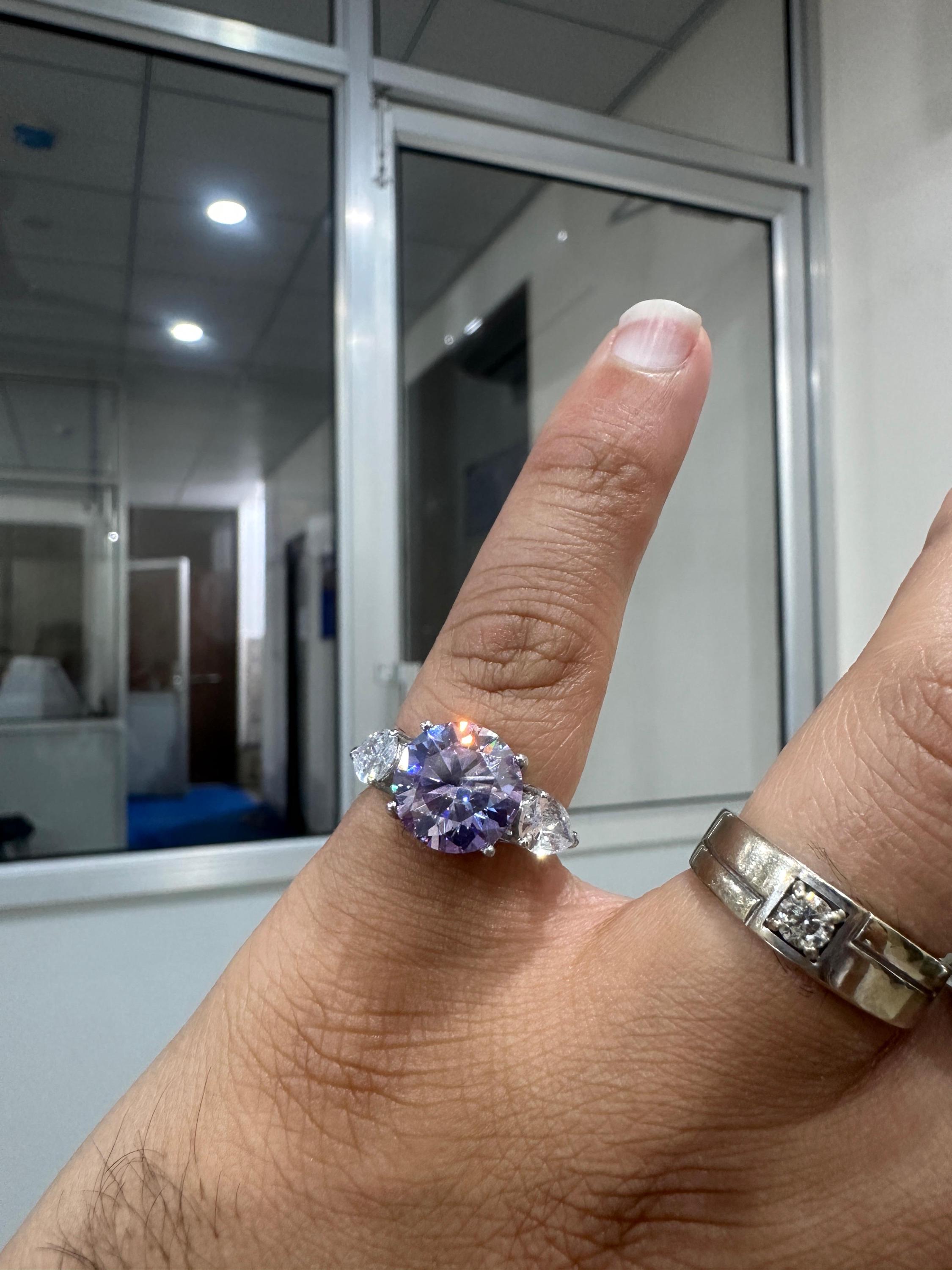 Lavender Moissanite Engagement Ring | Sterling Silver Three-Stone Ring