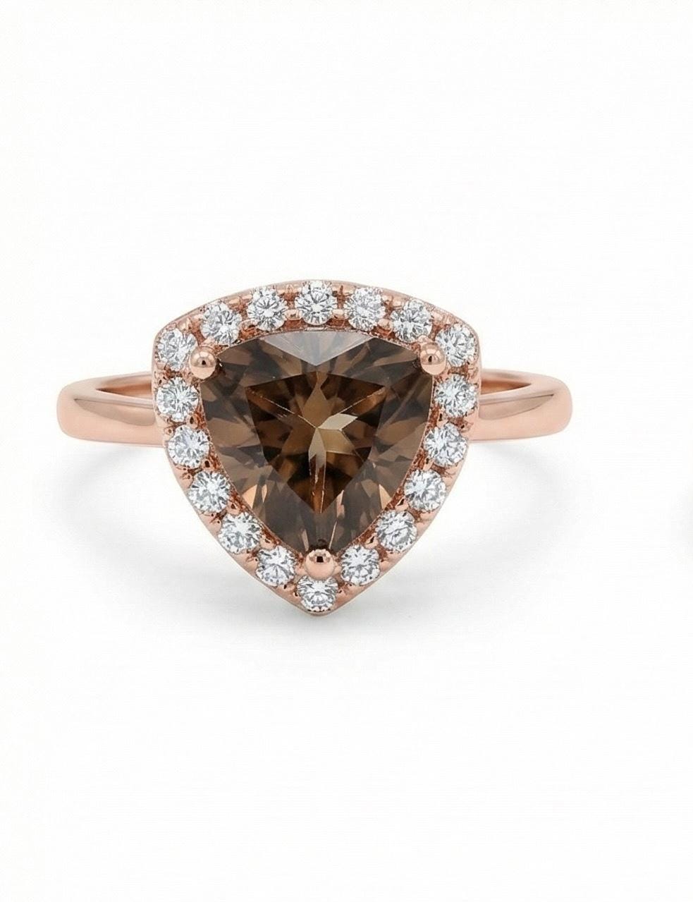Champagne Trillion Shape Moissanite Halo Engagement Ring | 14k Rose Gold Finish