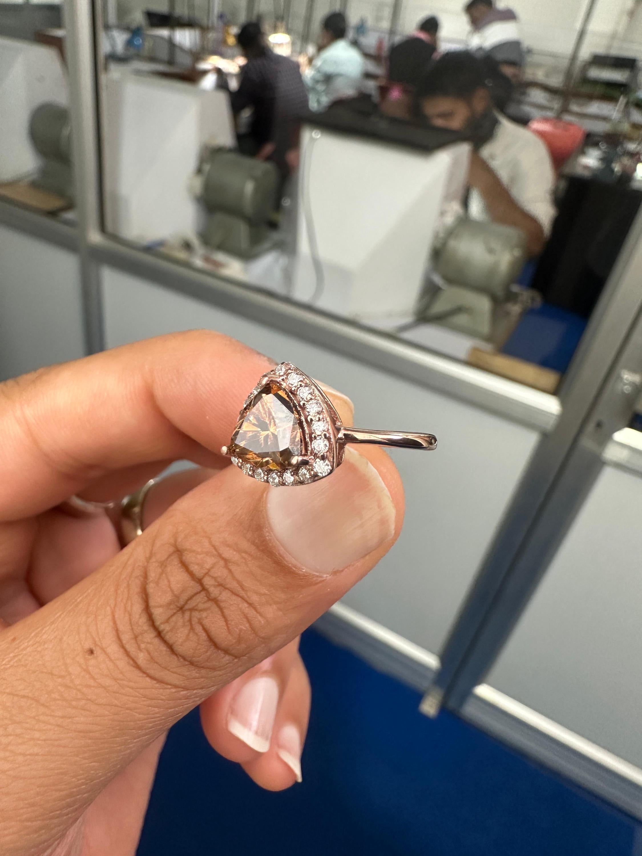 Champagne Trillion Shape Moissanite Halo Engagement Ring | 14k Rose Gold Finish