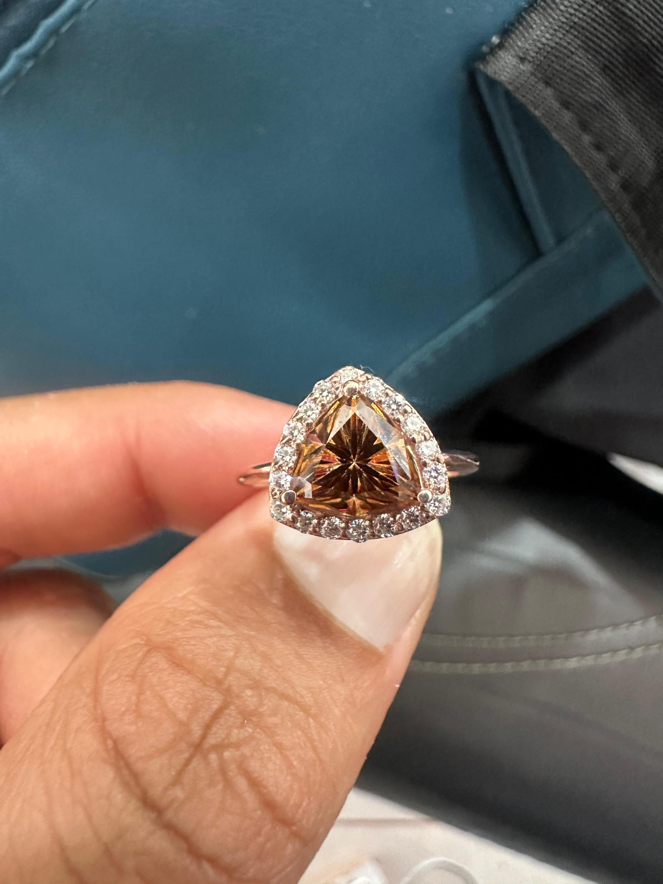 Champagne Trillion Shape Moissanite Halo Engagement Ring | 14k Rose Gold Finish