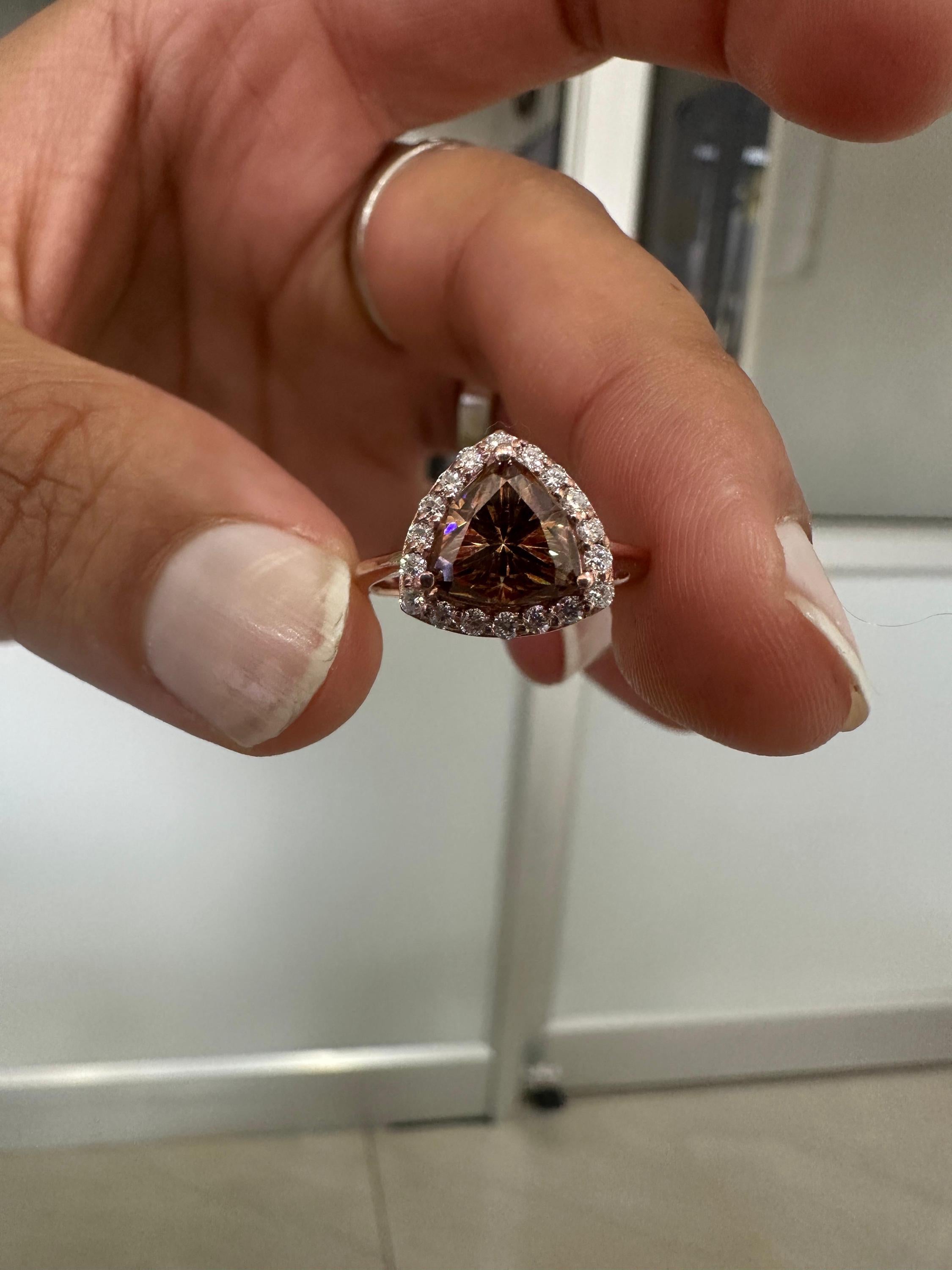 Champagne Trillion Shape Moissanite Halo Engagement Ring | 14k Rose Gold Finish