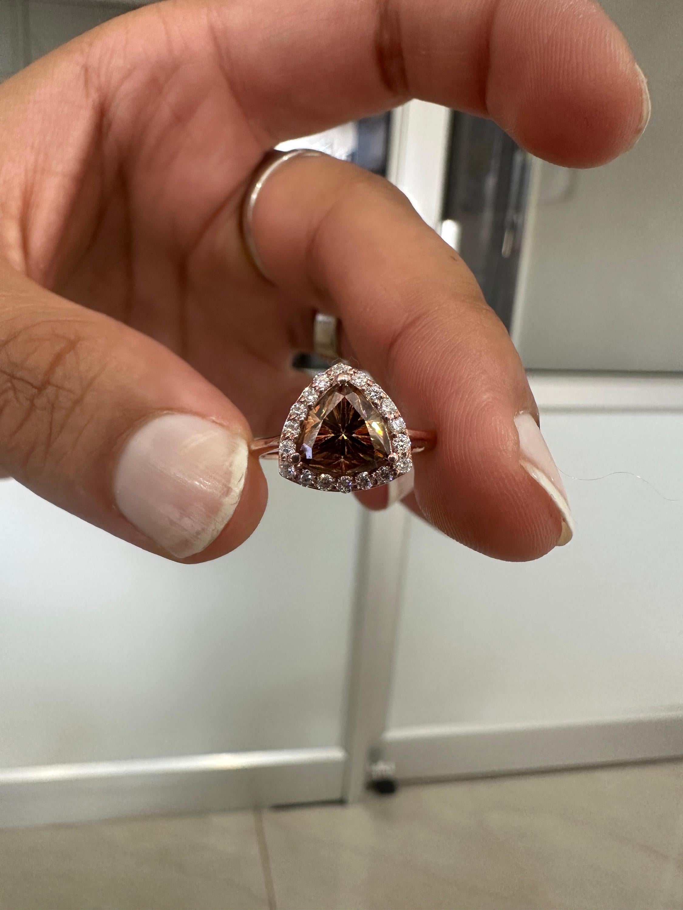 Champagne Trillion Shape Moissanite Halo Engagement Ring | 14k Rose Gold Finish