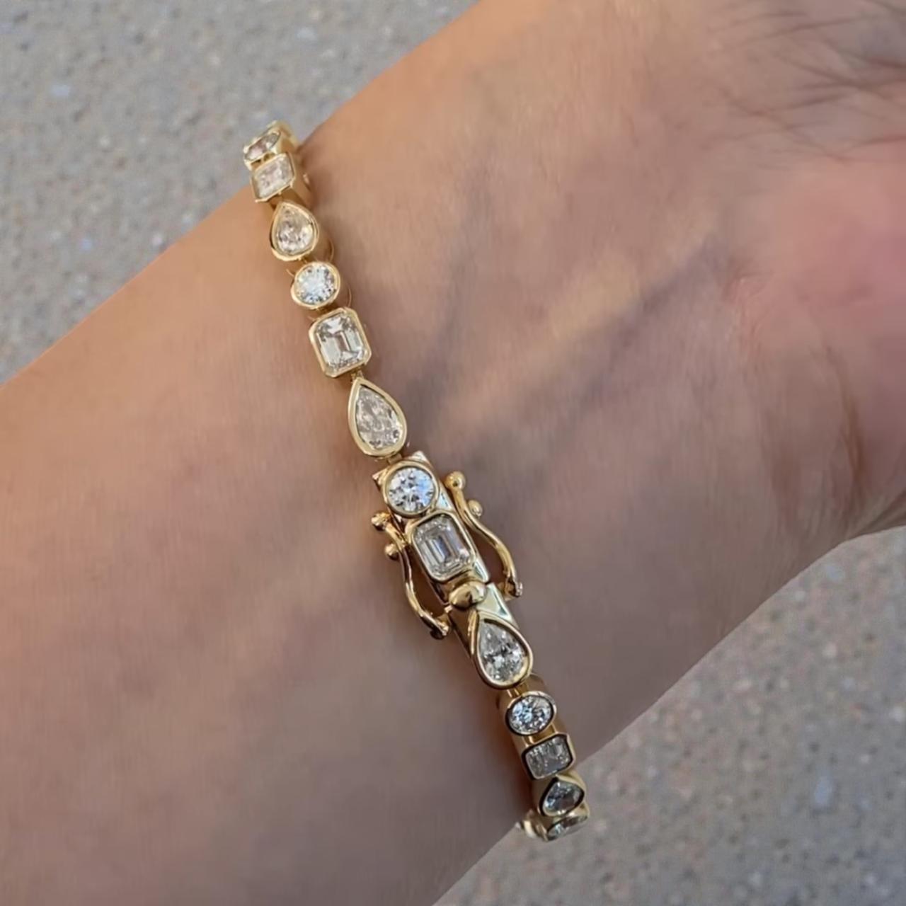 Multi-Shape Moissanite Tennis Bracelet | Gold Finish, Bezel Set