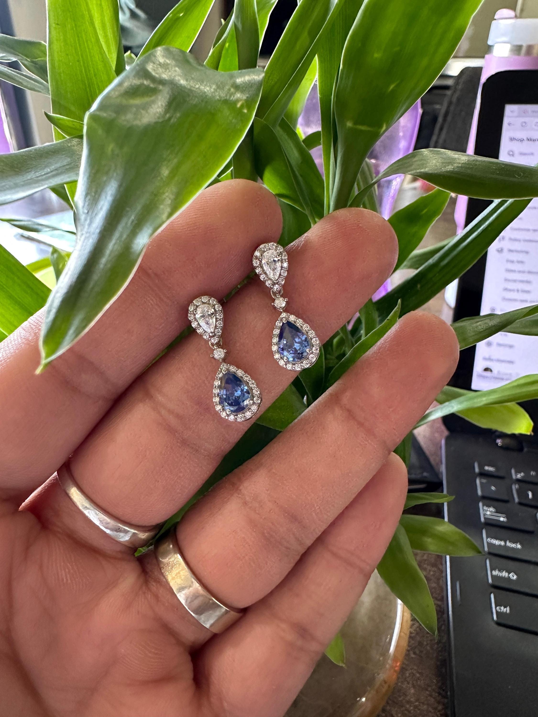 Pear Cut Natural Tanzanite Diamond Halo Stud Earrings for Women | 14k White Gold