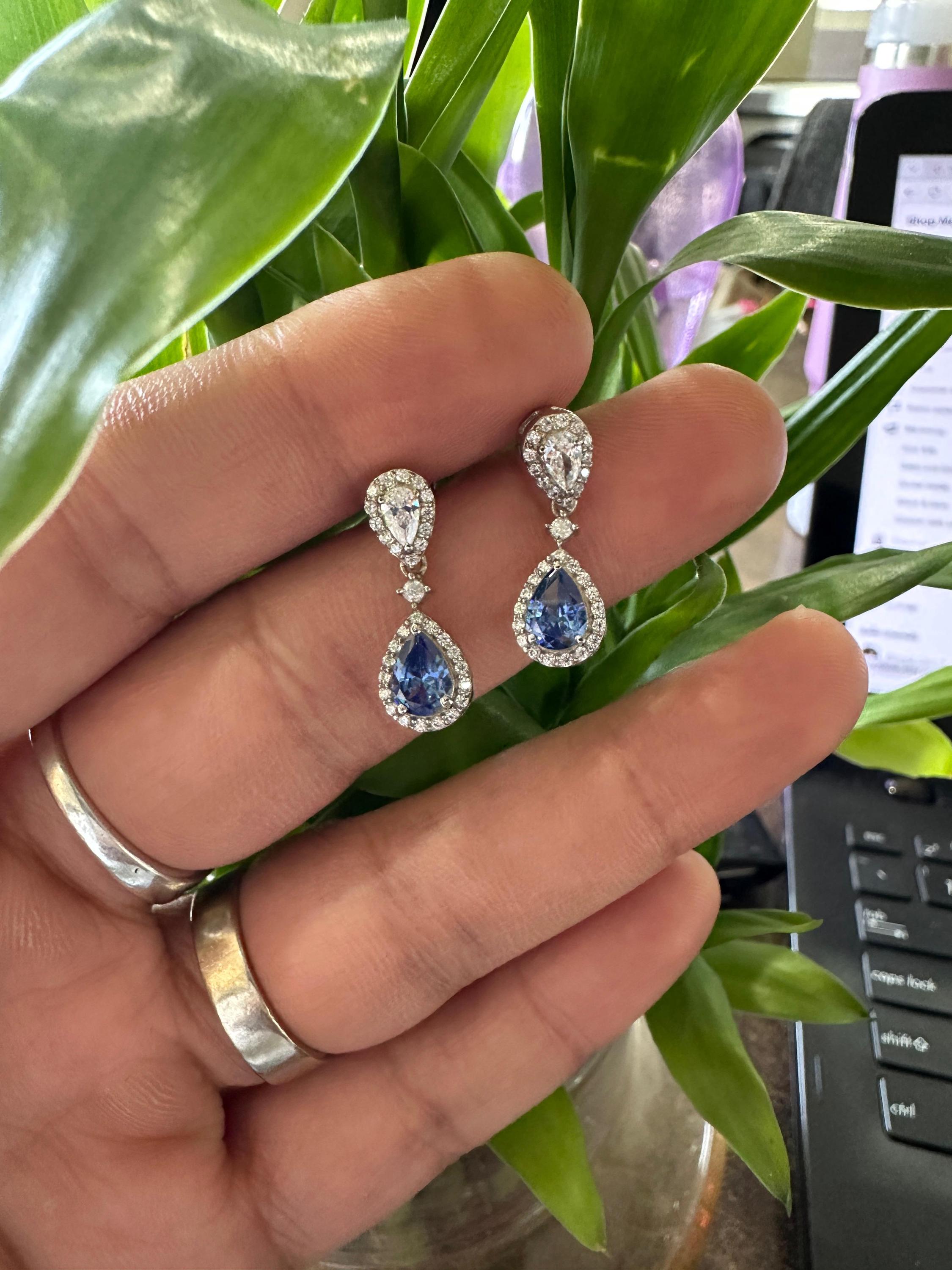 Pear Cut Natural Tanzanite Diamond Halo Stud Earrings for Women | 14k White Gold