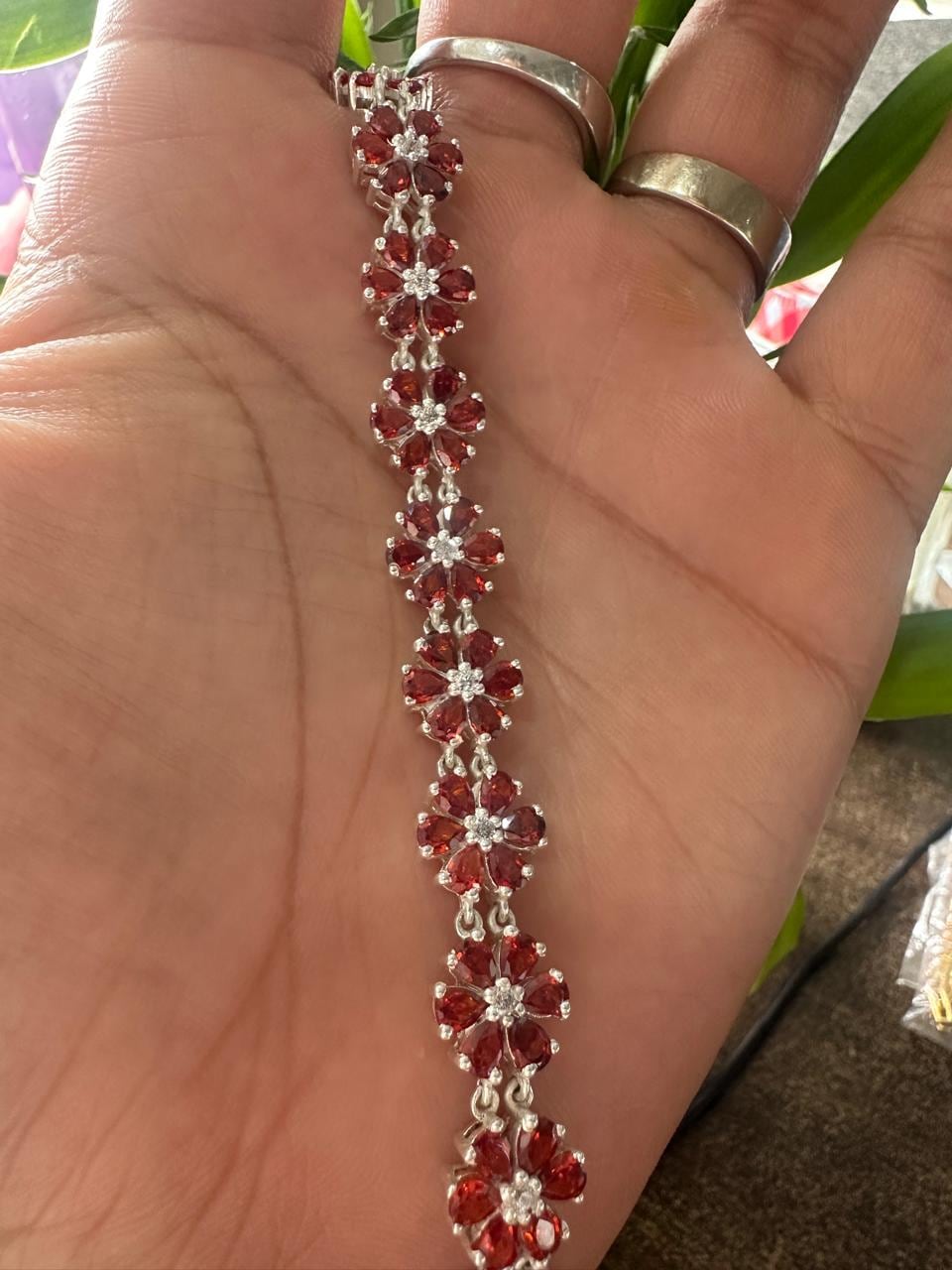 Customized Garnet Flower Bracelet | Pear Cut Red Gemstone, 925 Sterling Silver