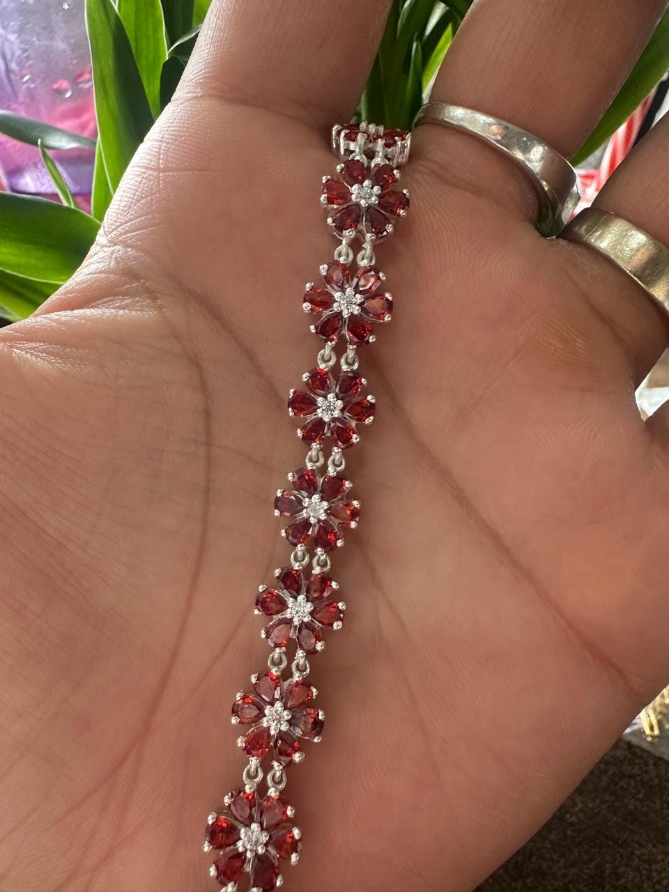 Customized Garnet Flower Bracelet | Pear Cut Red Gemstone, 925 Sterling Silver