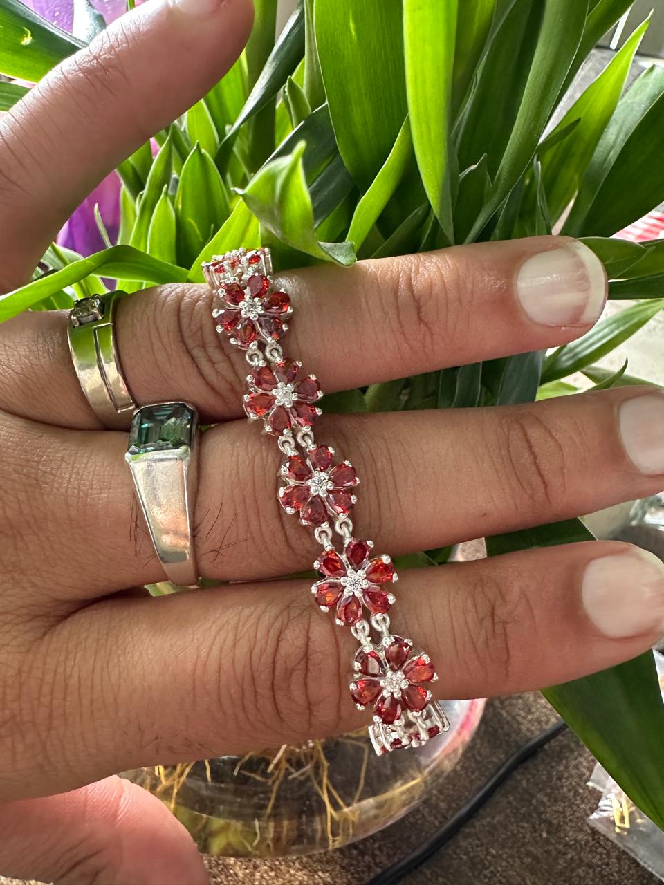 Customized Garnet Flower Bracelet | Pear Cut Red Gemstone, 925 Sterling Silver